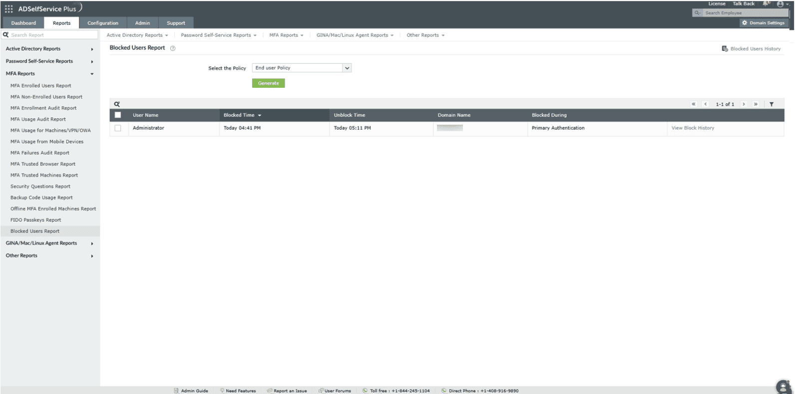 A screenshot of the Blocked Users Report in the ADSelfService Plus admin portal.