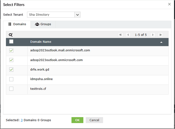 The Select Filters pop-up window that allows users to select multiple domains in a tenant to enable Microsoft Entra ID SSPR. 