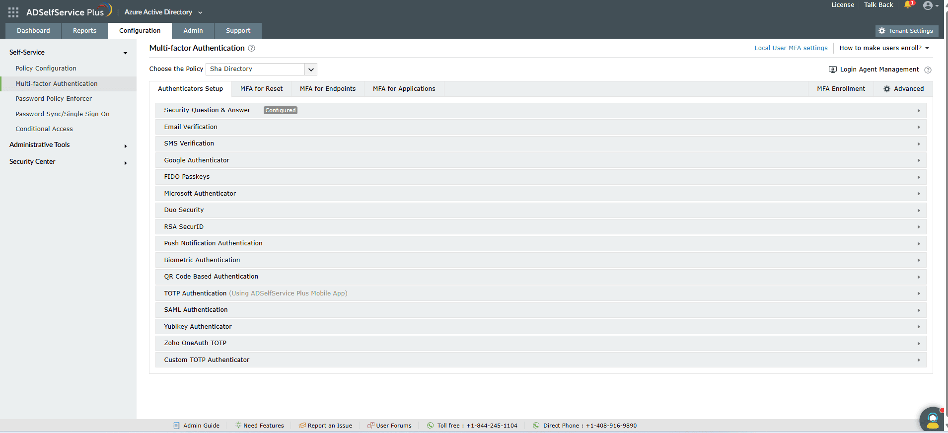 The list of authentication methods supported for Microsoft Entra ID SSPR MFA. 