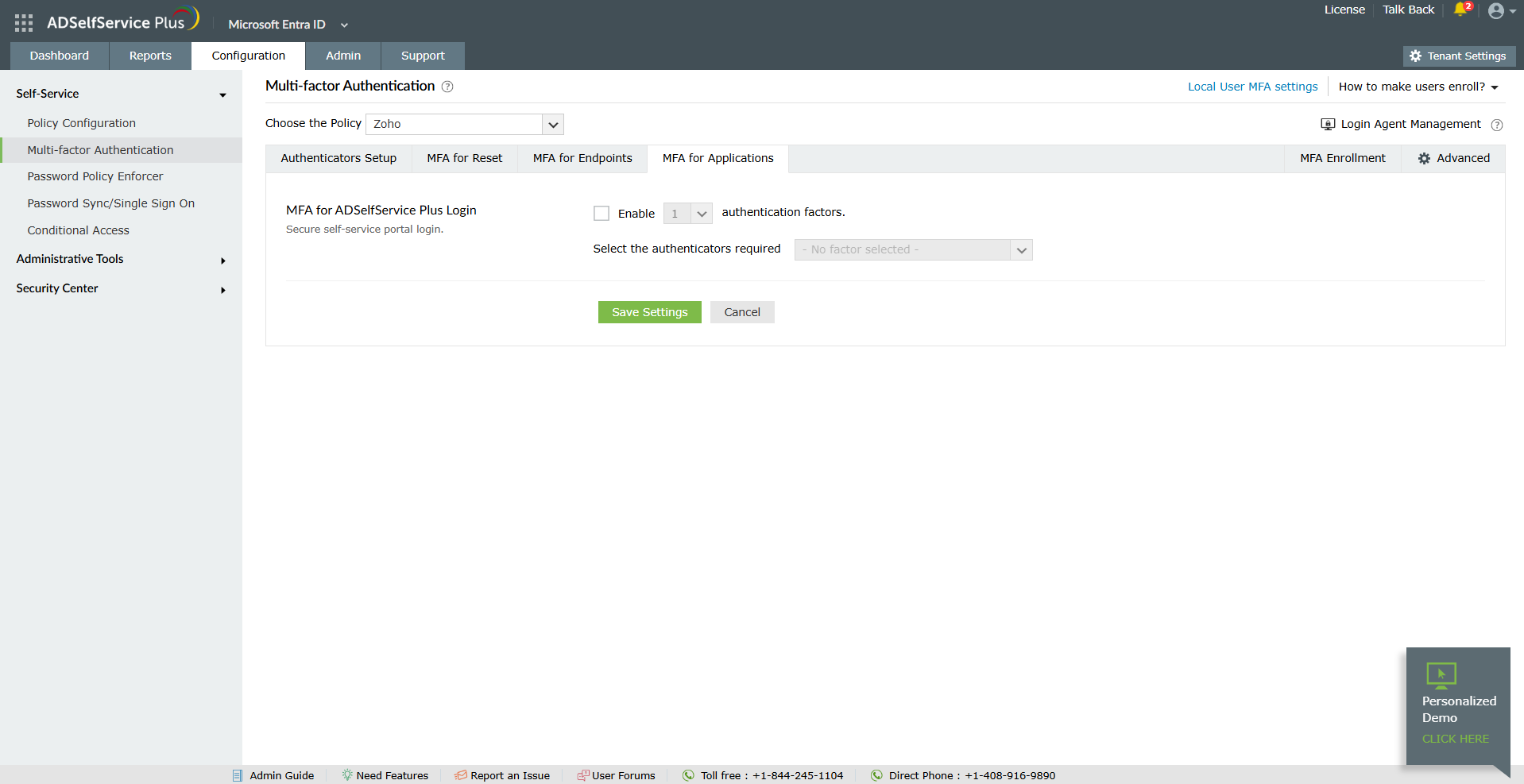 ADSelfService Plus MFA configuration screen showing MFA for Reset tab with authentication factor selector