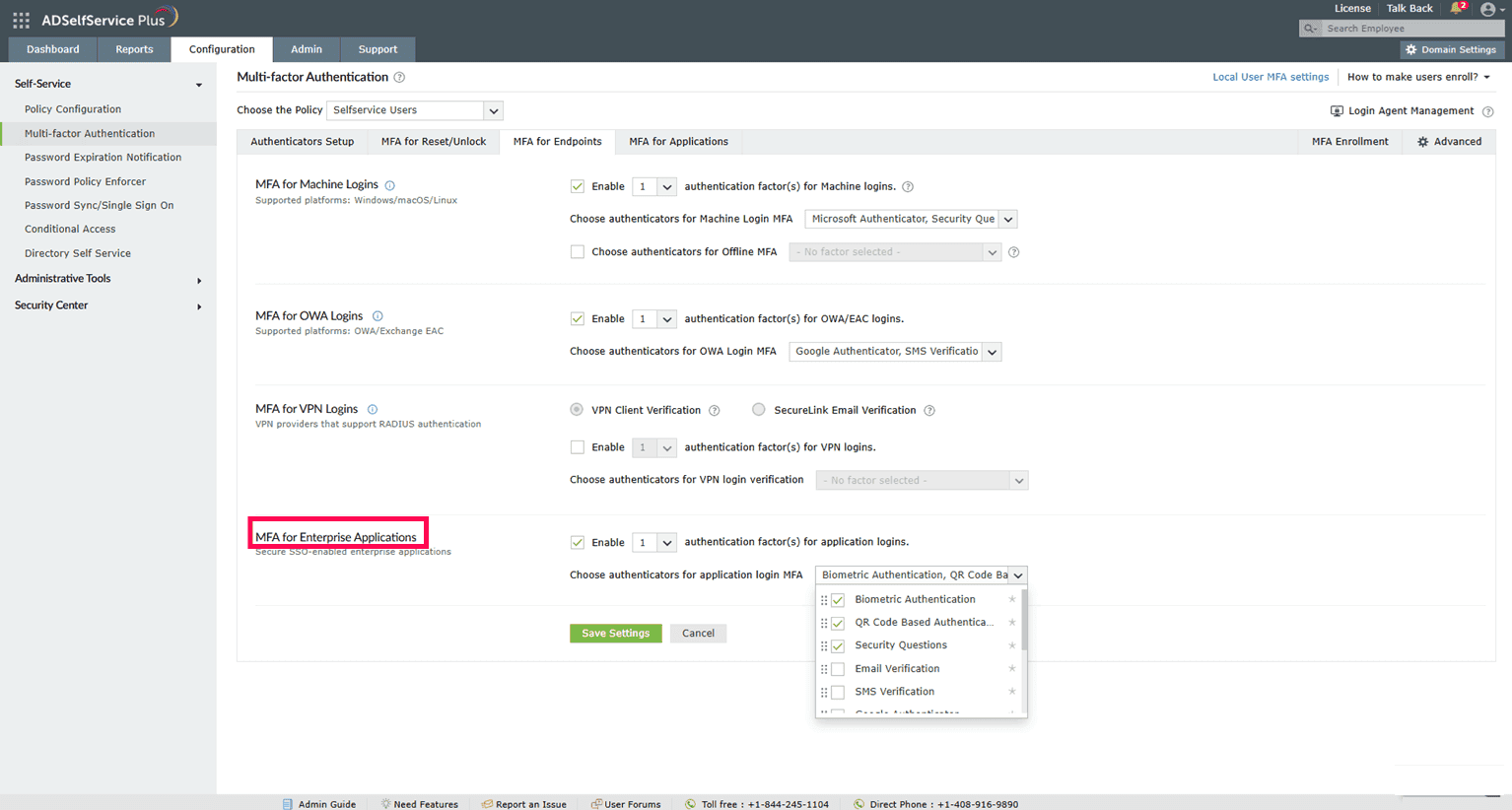 Configuration settings for Amazon WorkSpaces MFA in ADSelfService Plus. Filename: configuration-for-amazon-workspaces-mfa