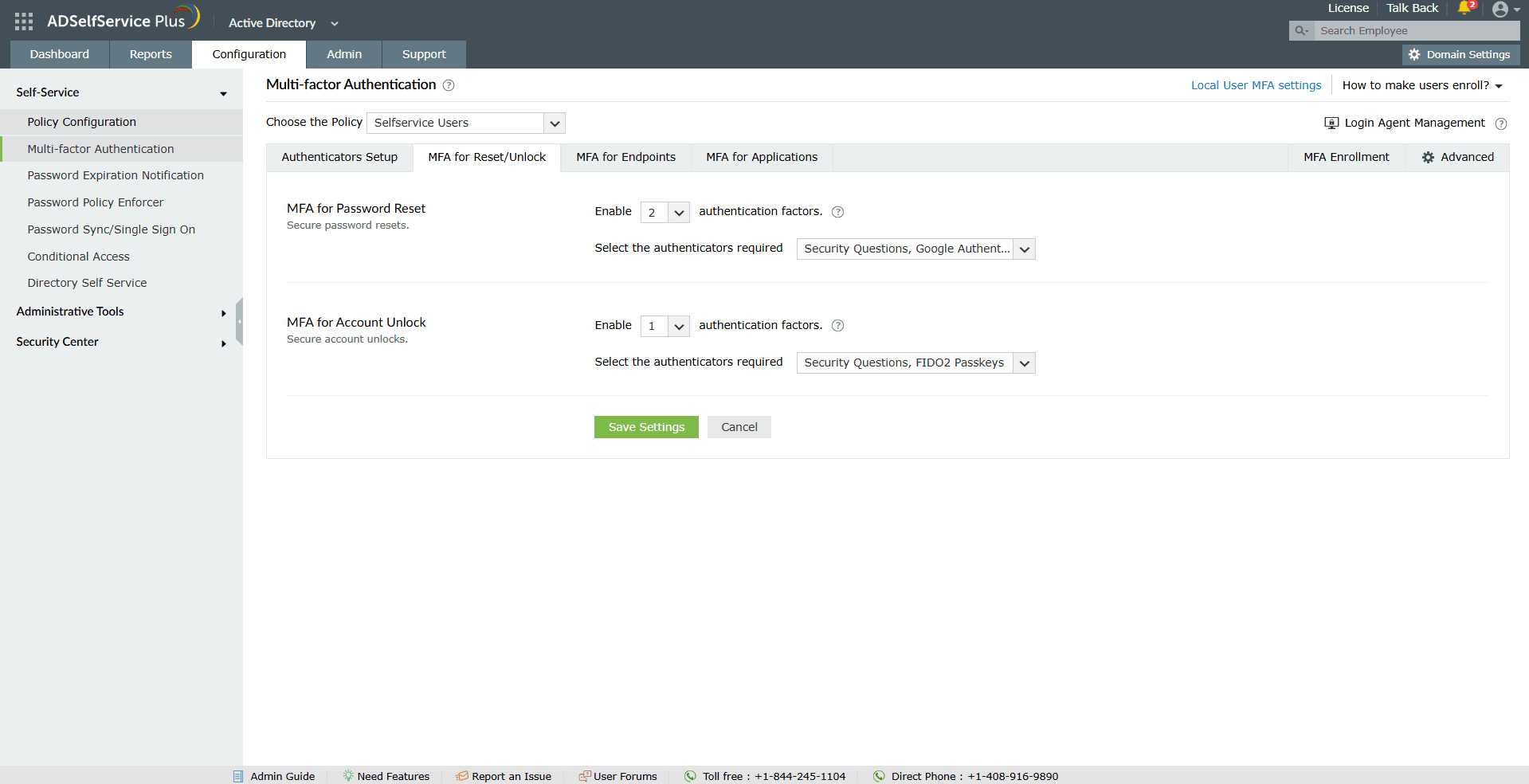 ADSelfService Plus' MFA for Reset/Unlock tab with authenticator selection for password reset and account unlock policies