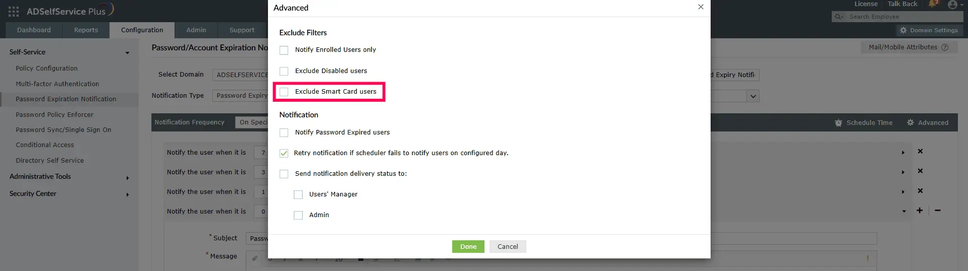 Steps to disable the &ldquo;Exclude Smart Card users&rdquo; option in the password expiration notification scheduler.