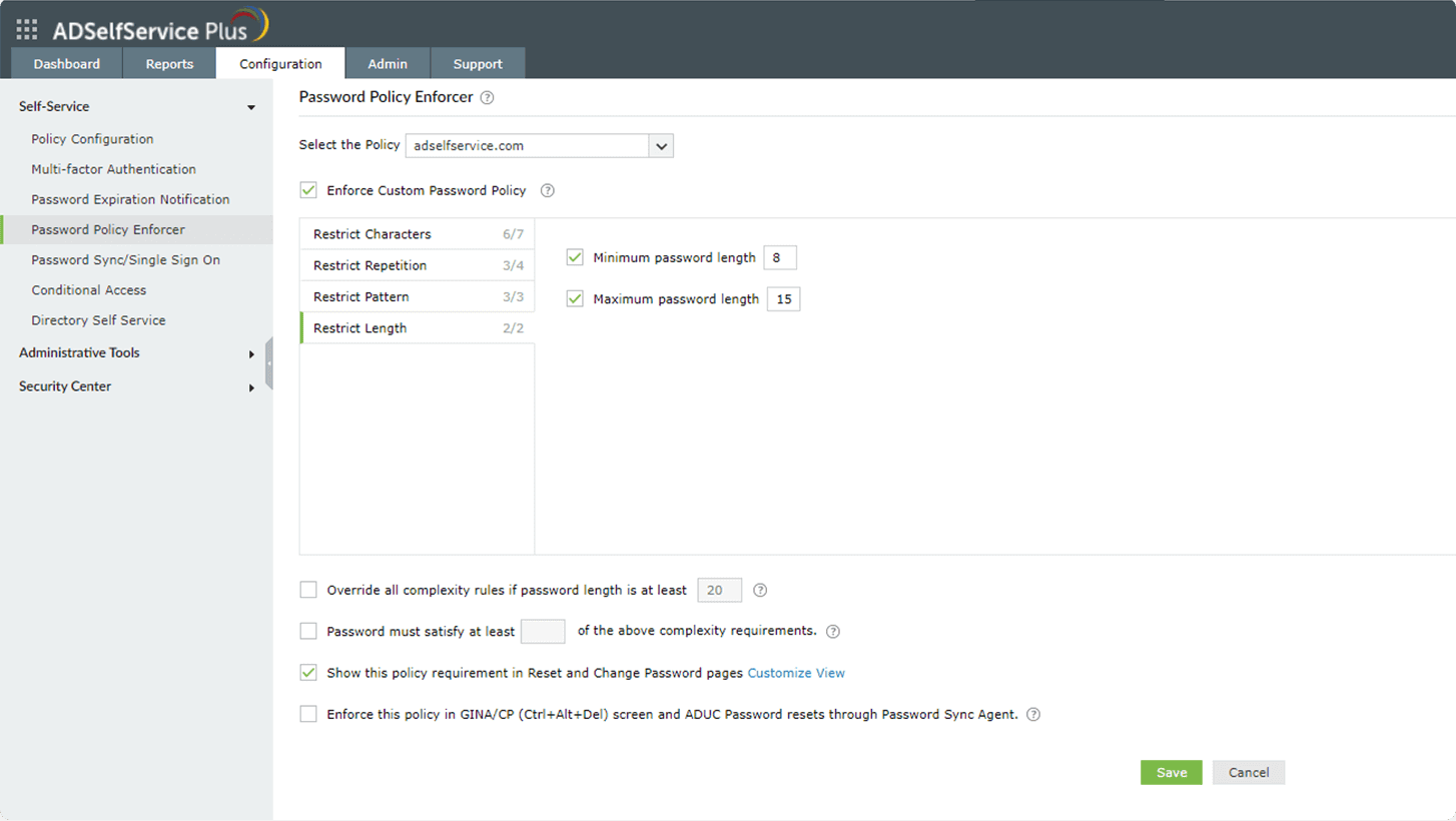 ADSelfService Plus Password Policy Enforcer restrict length tab showing minimum and maximum password length settings.