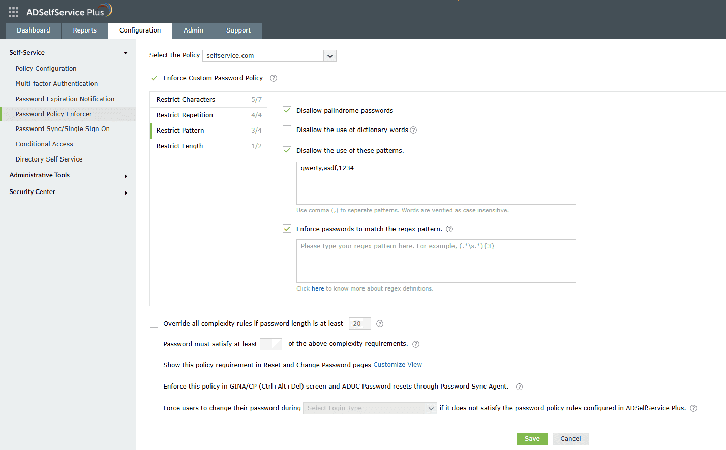ADSelfService Plus Password Policy Enforcer restrict pattern tab showing rules to block specific character sequences and patterns.