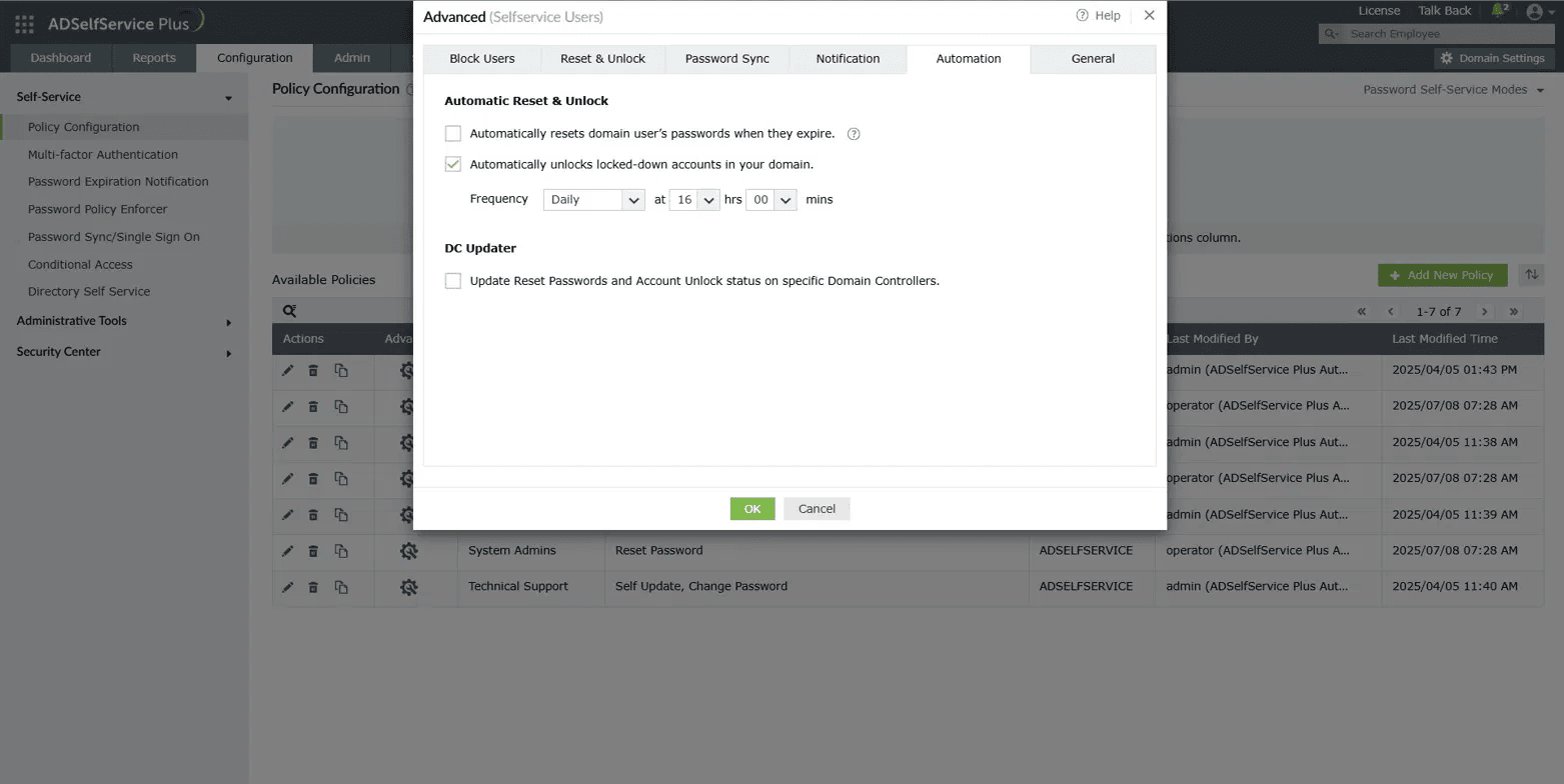 ADSelfService Plus Advanced policy settings with automatic account unlock enabled and frequency set.
