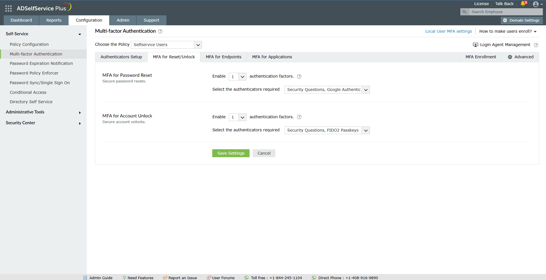 ADSelfService Plus admin console showing MFA for Reset/Unlock configuration with separate authenticator settings for password reset and account unlock.