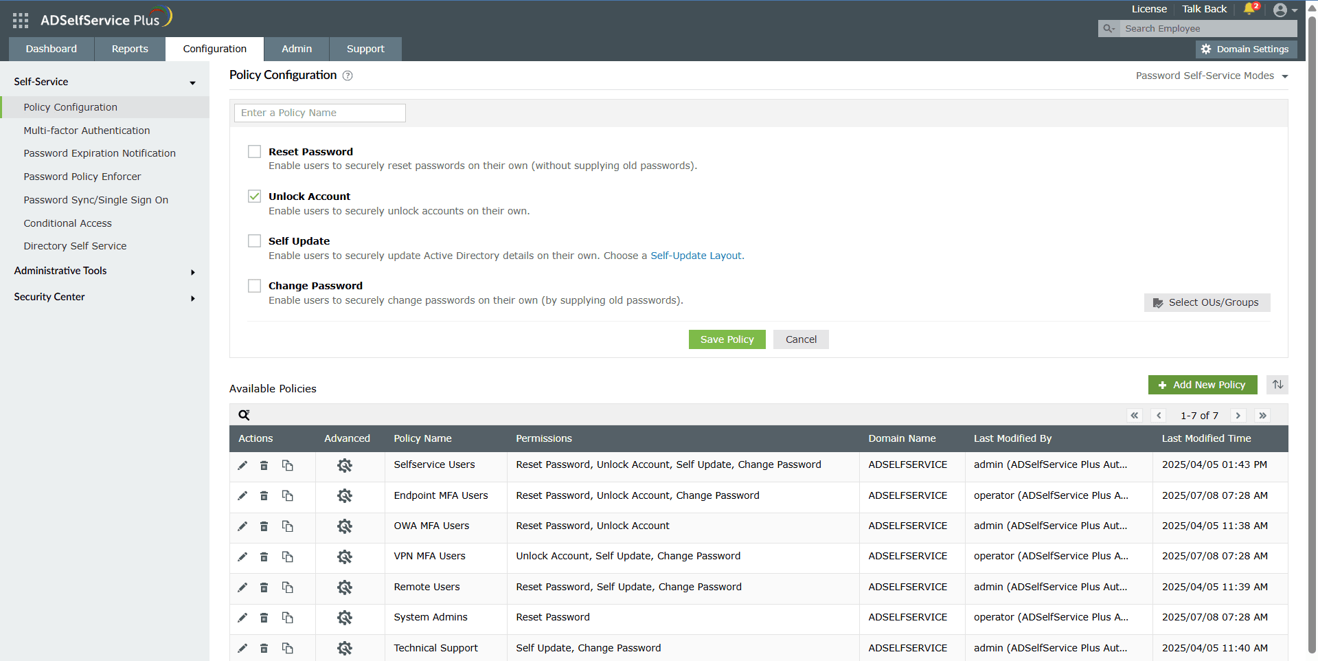 ADSelfService Plus Policy Configuration screen with Unlock Account selected, and other features displayed