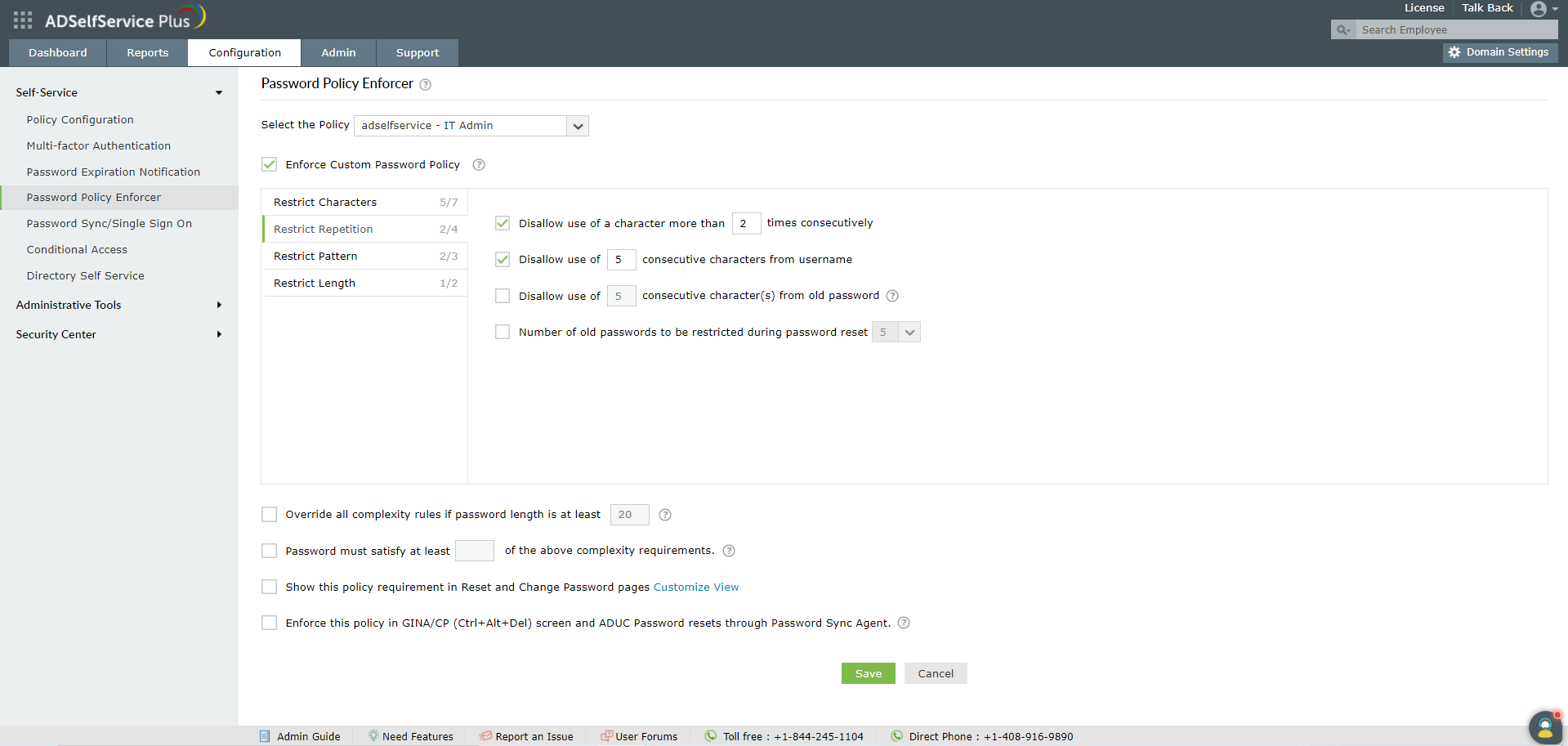 Steps to restrict character repetition in passwords using ADSelfService Plus
