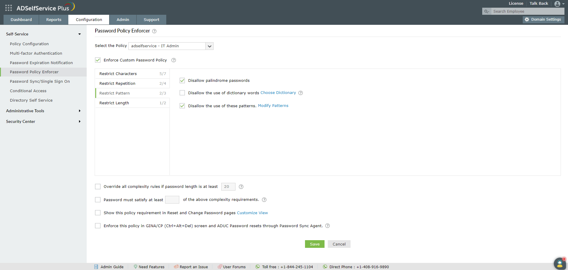 Steps to restrict common patterns in passwords using ADSelfService Plus