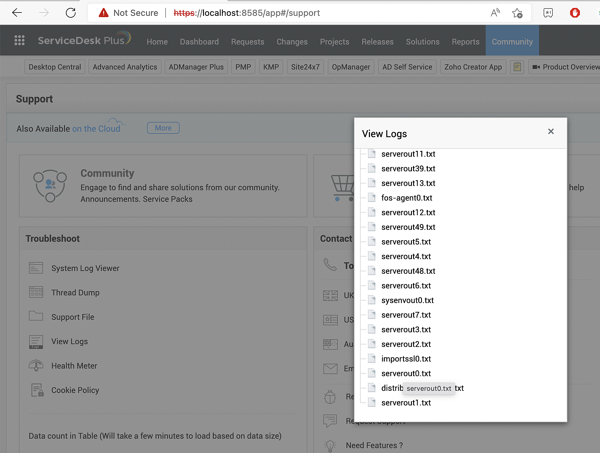 ServiceDesk Plus application log file access