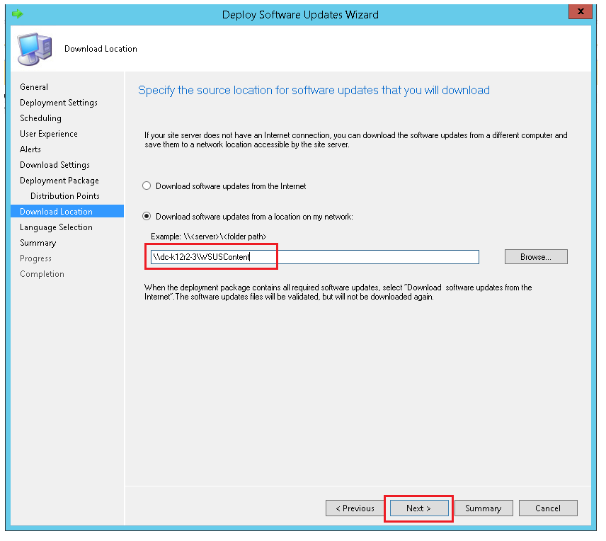 Specify the location from where the updates have to be downloaded with ManageEngine SCCM deployment