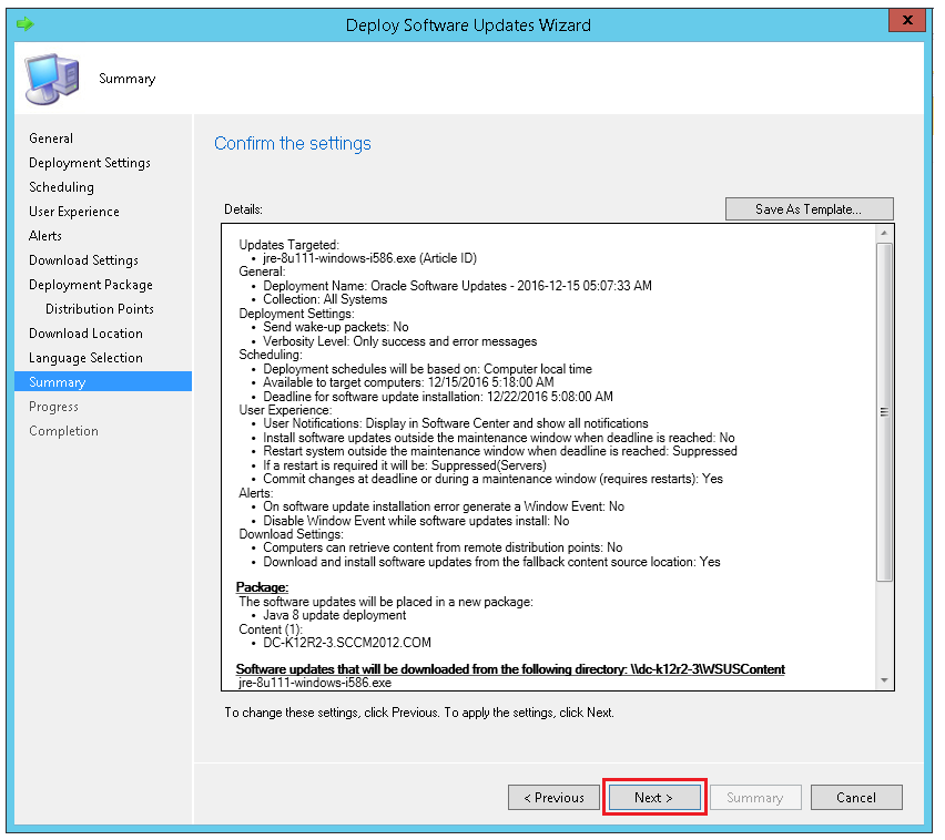 Summary to review the settings and confirm through ManageEngine SCCM deployment