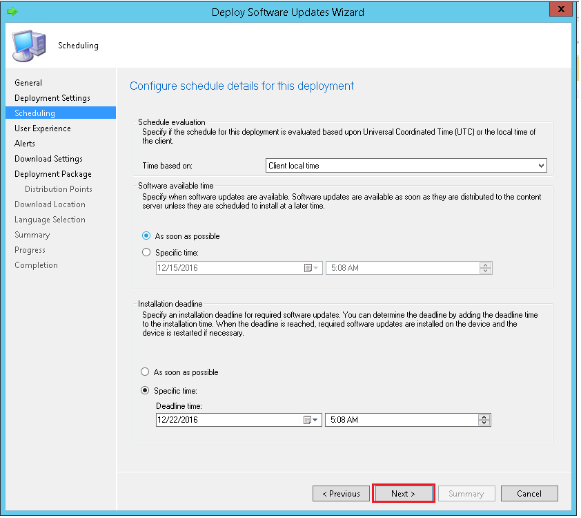 Configure the schedule details for the deployment using ManageEngine SCCM deployment