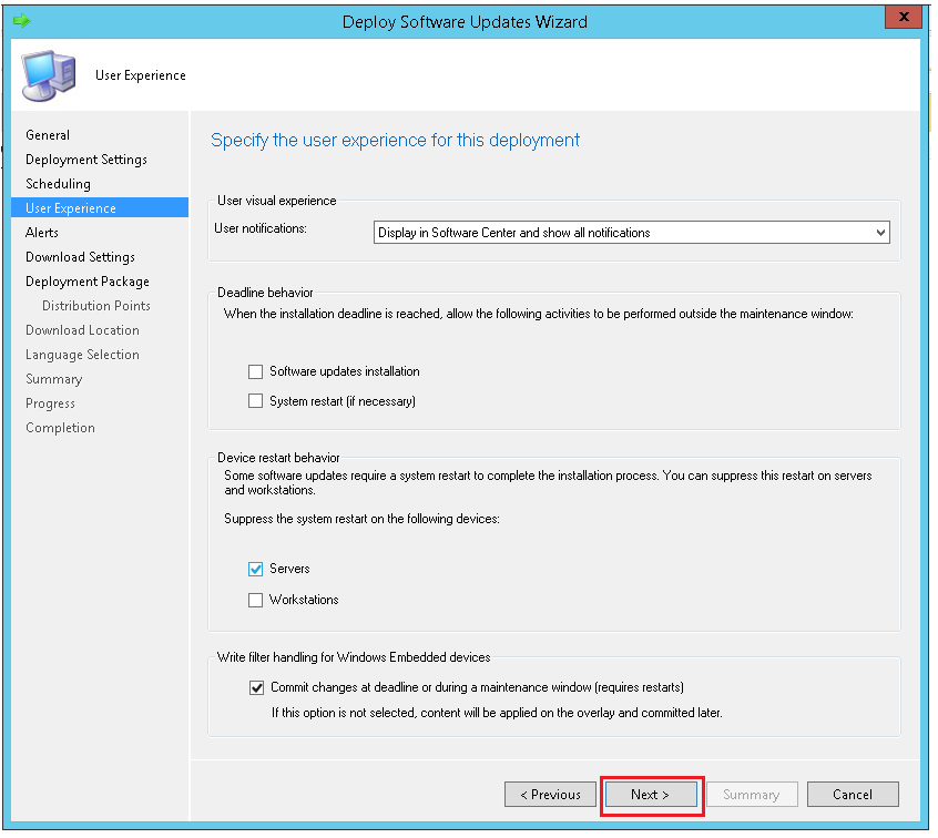 Specify the user experience for the deployment using ManageEngine SCCM deployment