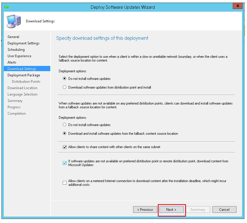 Configure download settings for the deployment using ManageEngine SCCM deployment