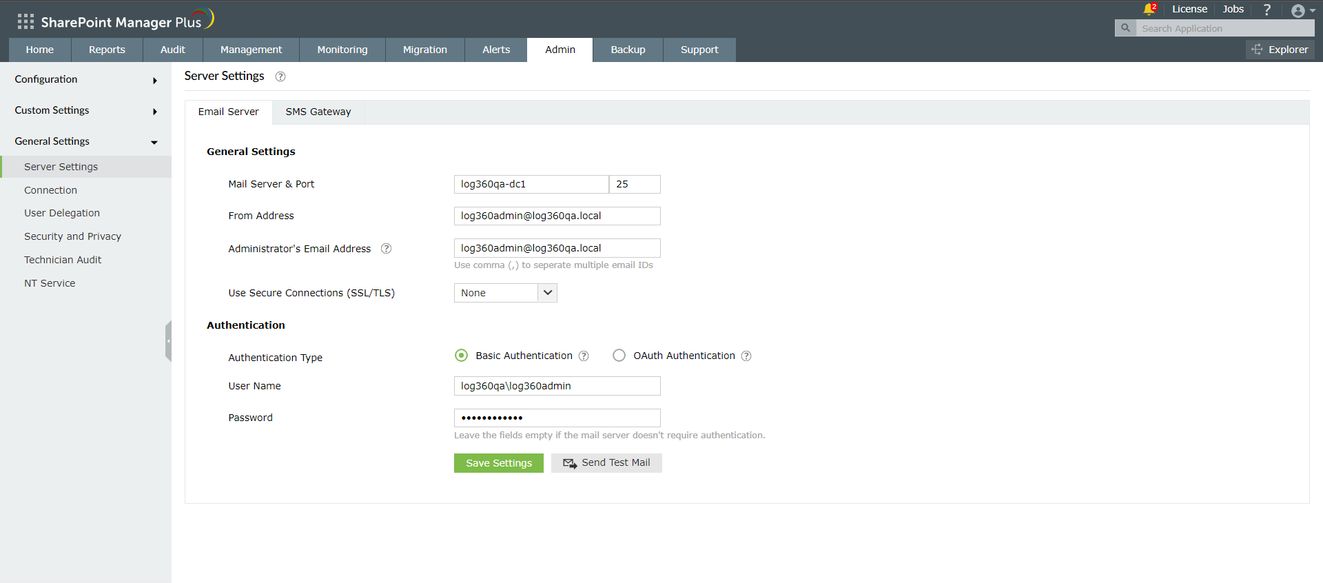 Configuring email server settings in SharePoint Manager Pluss