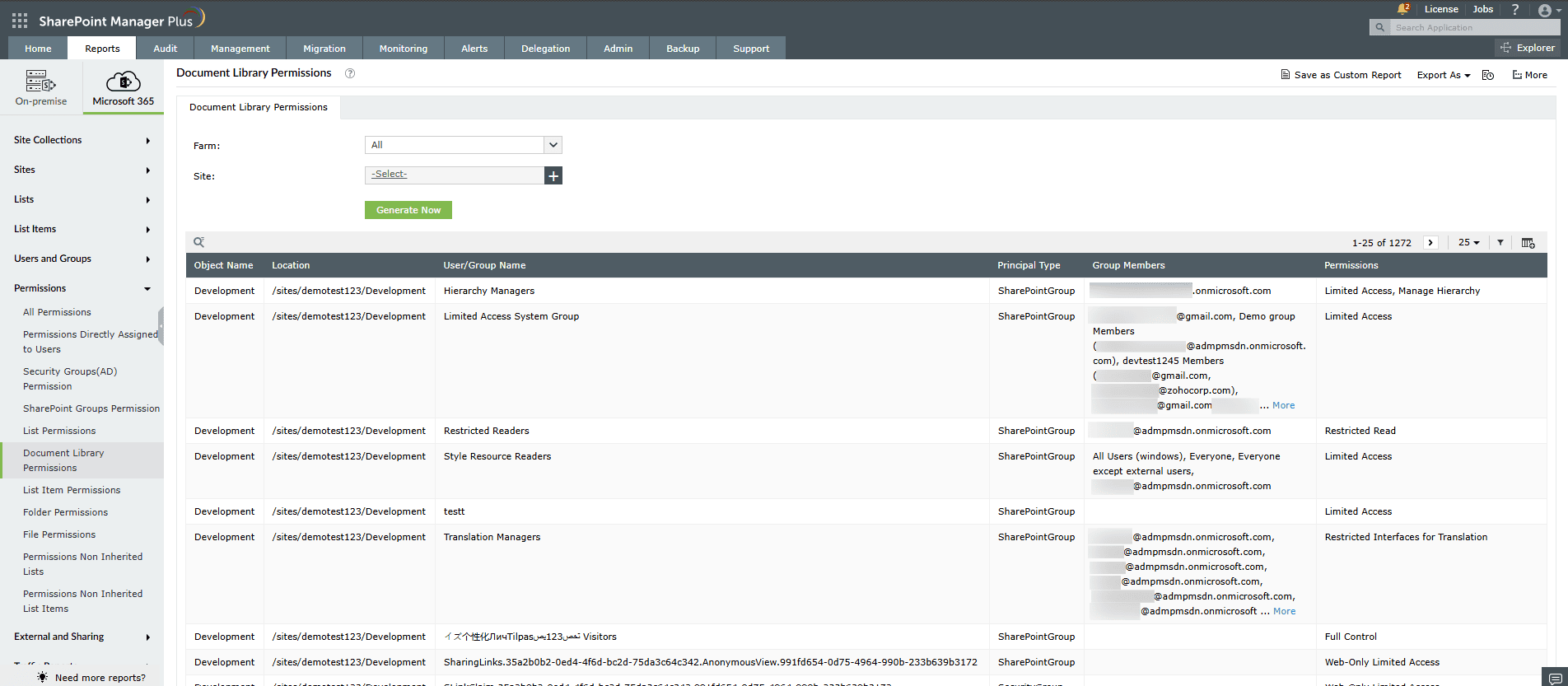 The Document Library Permissions report in SharePoint Manager Plus.