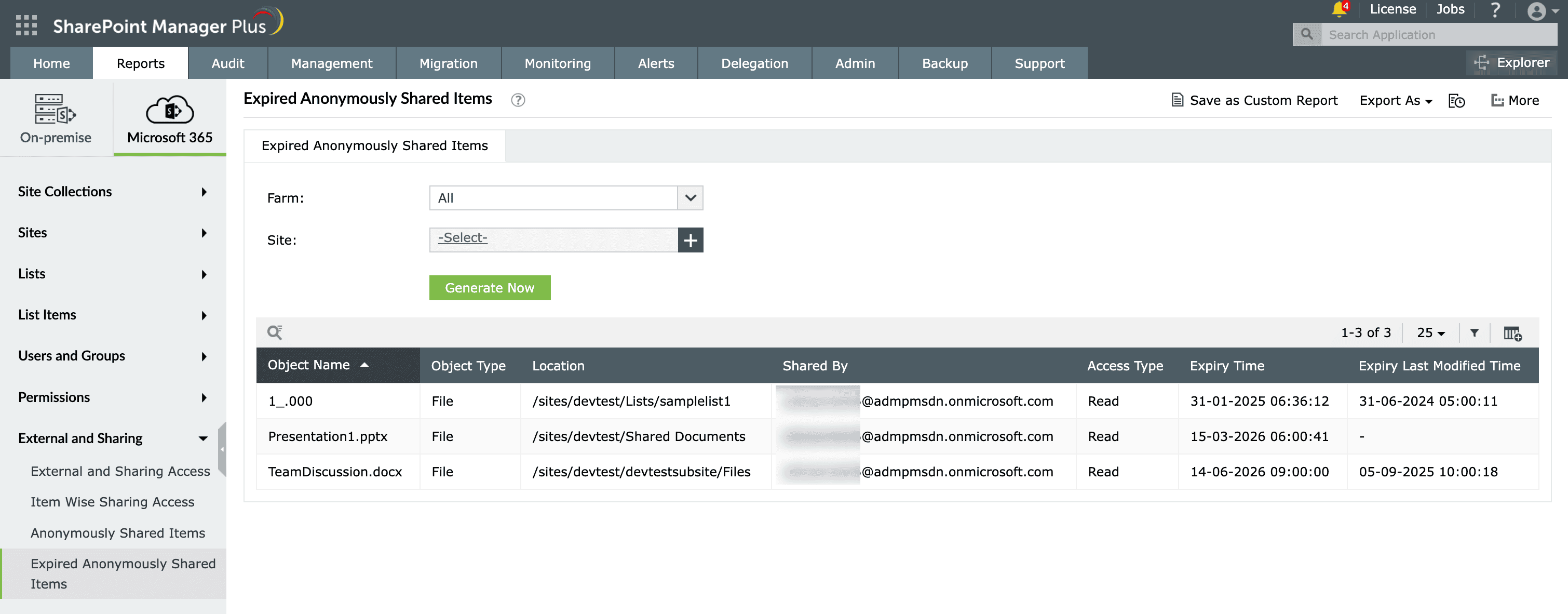The Expired Anonymously Shared Items report in SharePoint Manager Plus.