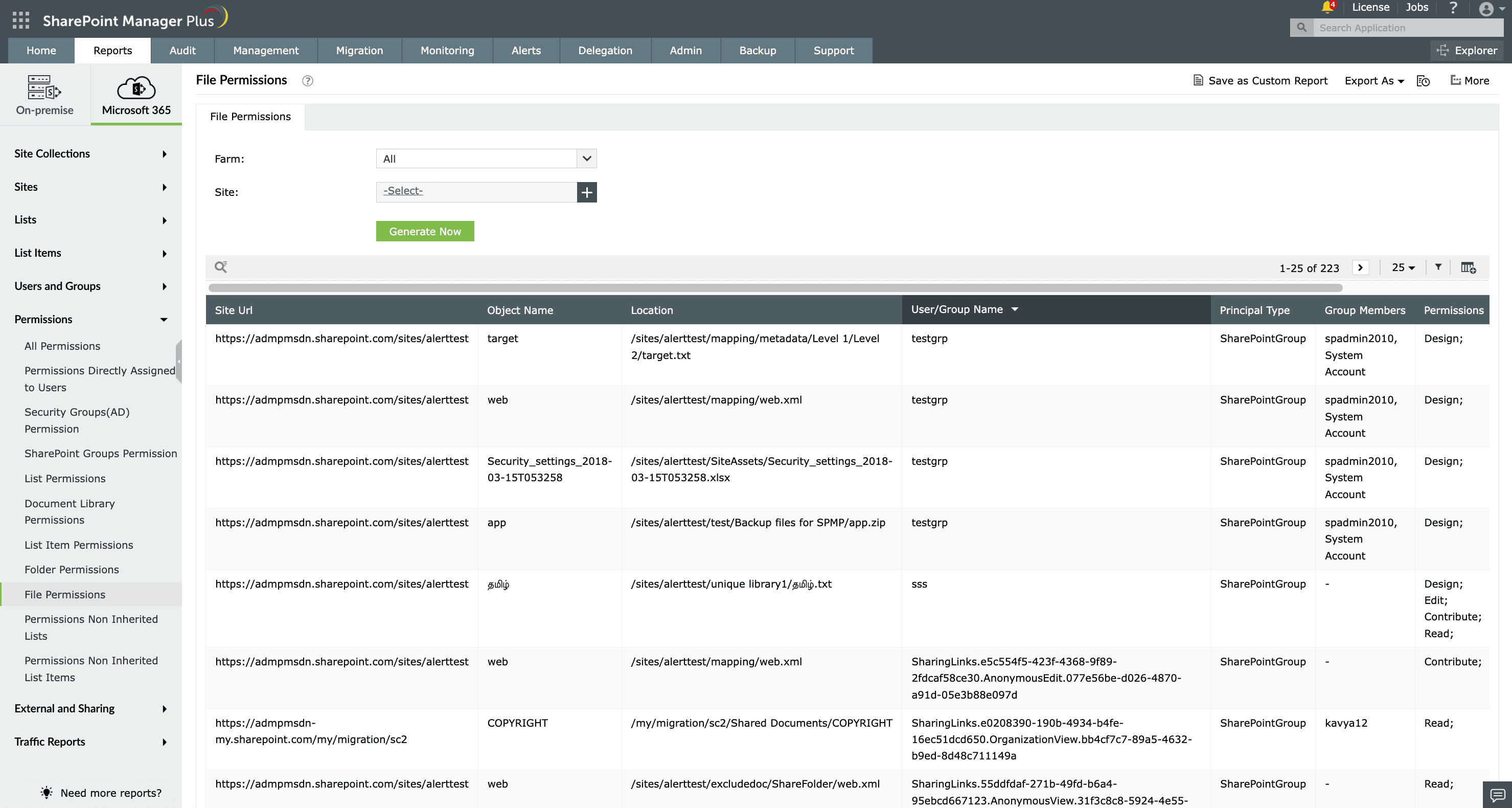 The File Permissions report in SharePoint Manager Plus.