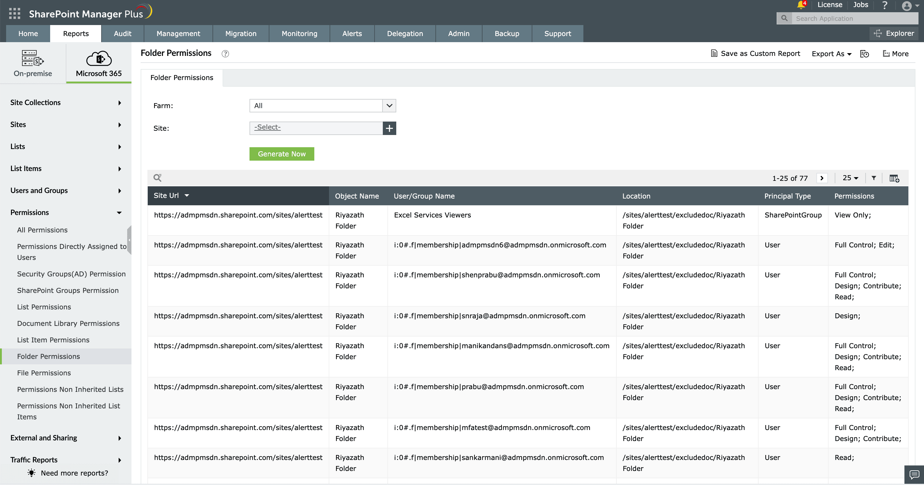 The Folder Permissions report in SharePoint Manager Plus.