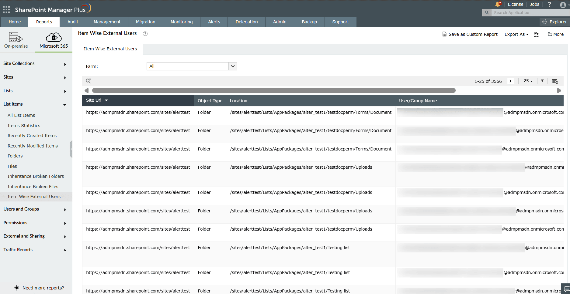 The List Wise External Users report in SharePoint Manager Plus.