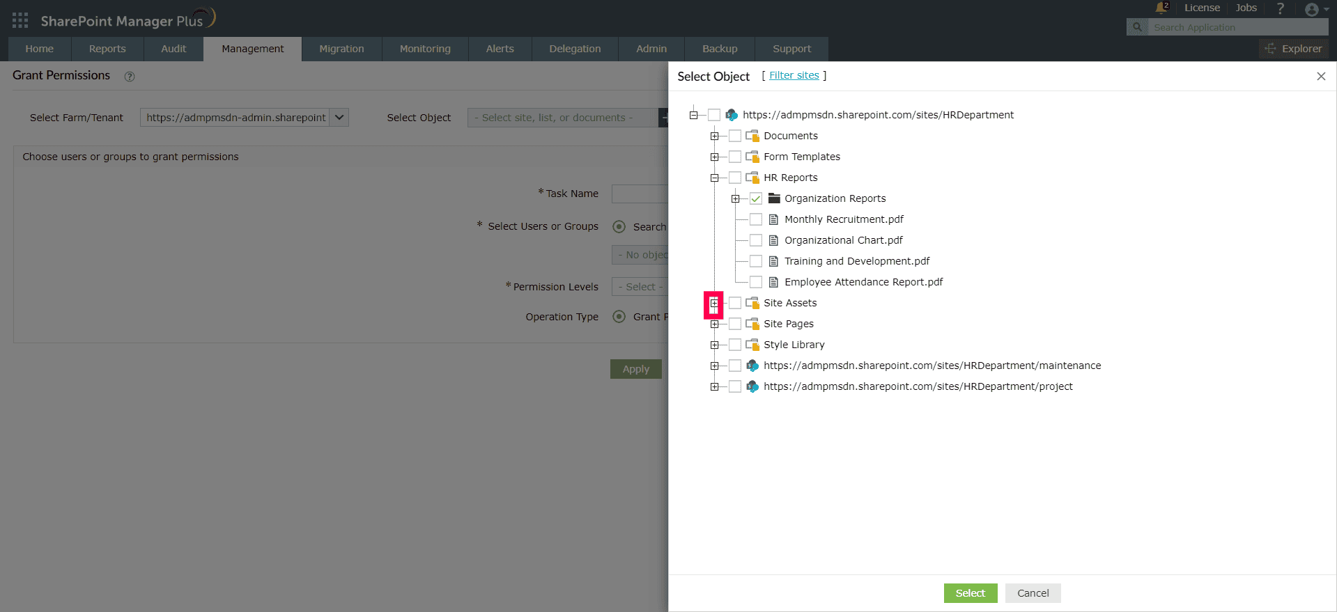 Selecting a SharePoint folder to grant access using the object tree in SharePoint Manager Plus