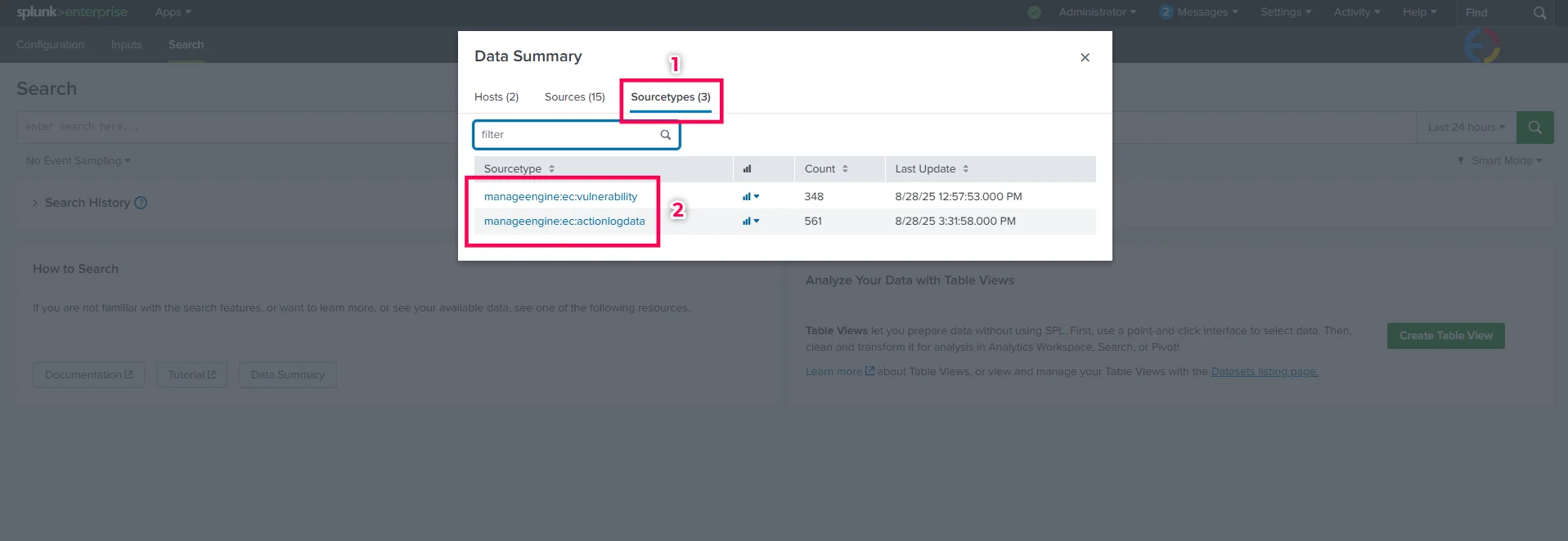 Splunk Data Summary Sourcetypes Splunk Data Summary showing the Sourcetypes tab with available data sources