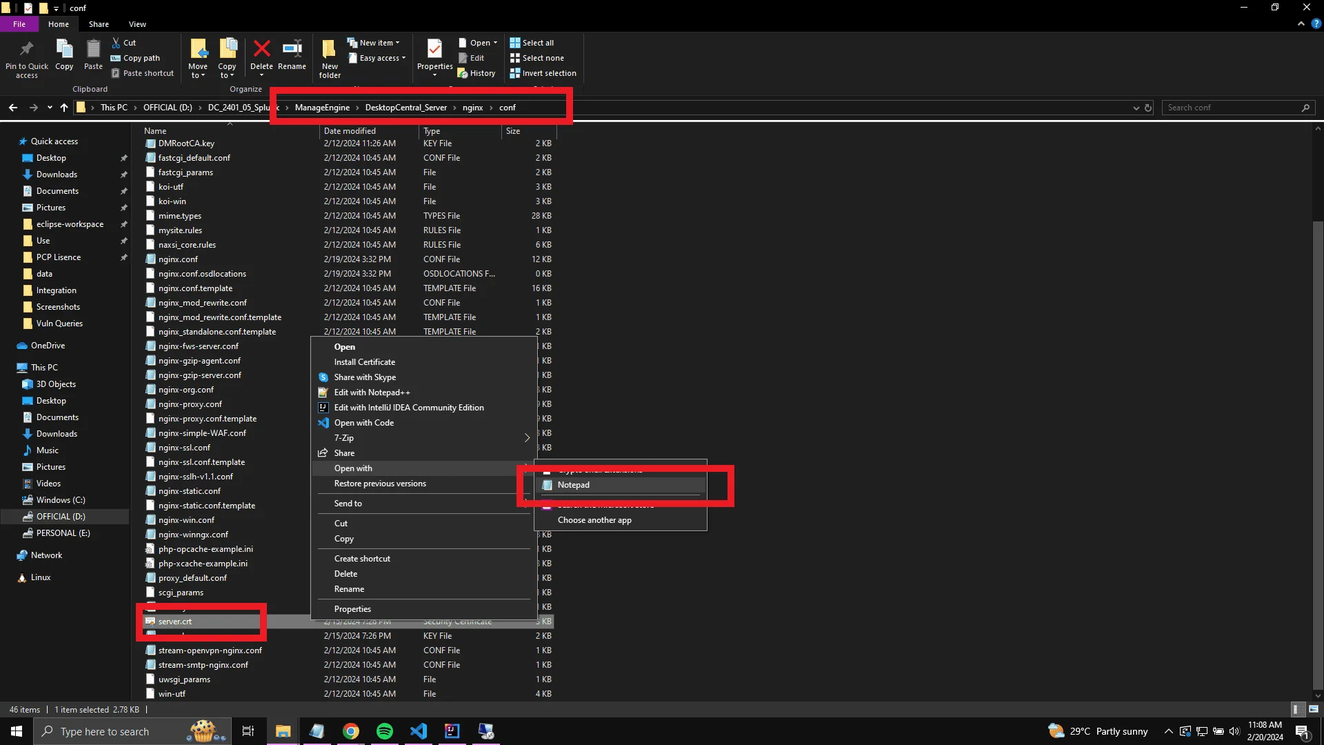 EC Certificate Path Endpoint Central nginx conf directory showing the server.crt file location