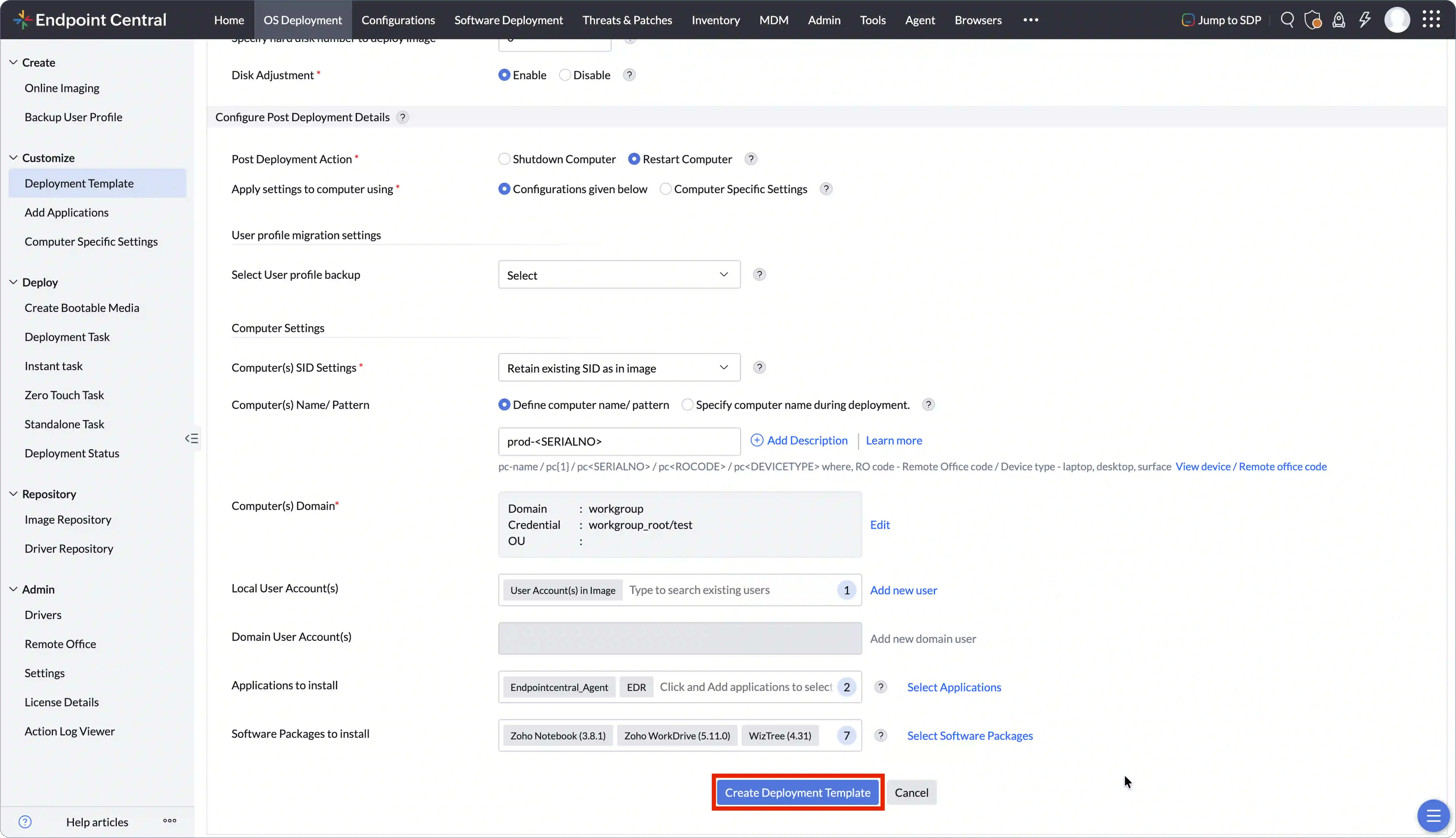 Saving the Deployment Template