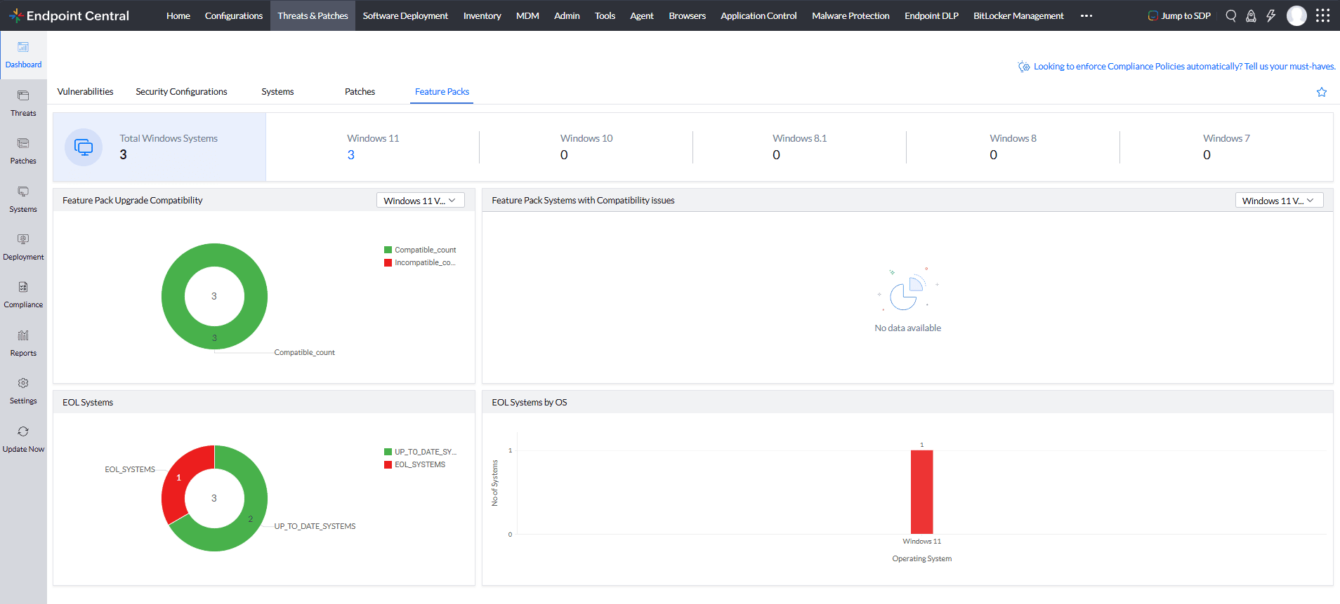 Feature Pack deployment view in Endpoint Central builds above 2627