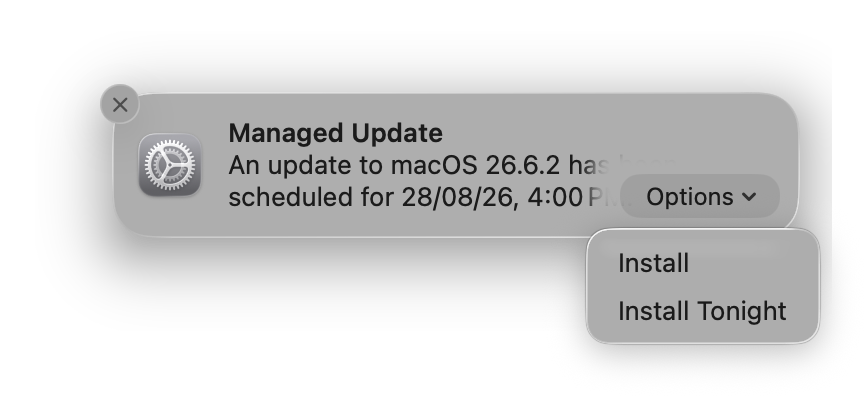 Managed Update notification offering Install and Try Tonight options before the enforcement deadline