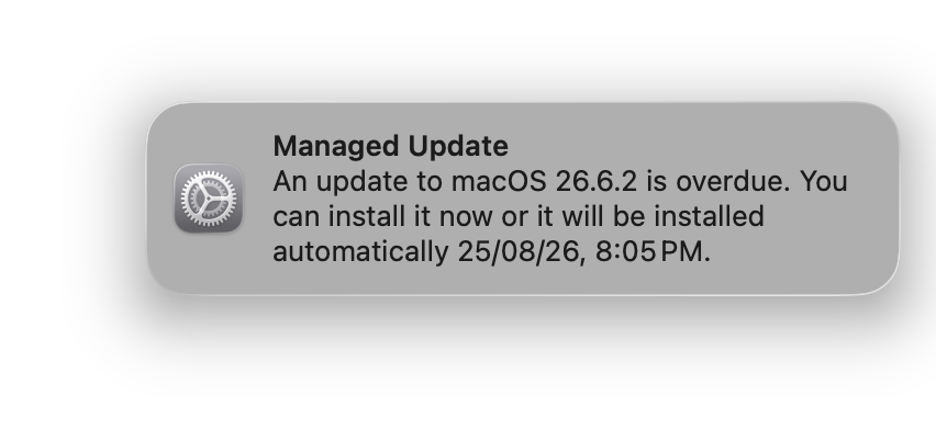 Managed Update notification showing an overdue macOS update and its automatic installation time