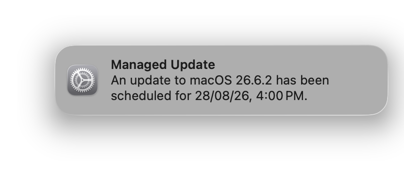 Managed Update notification showing a scheduled macOS update and its enforcement date and time