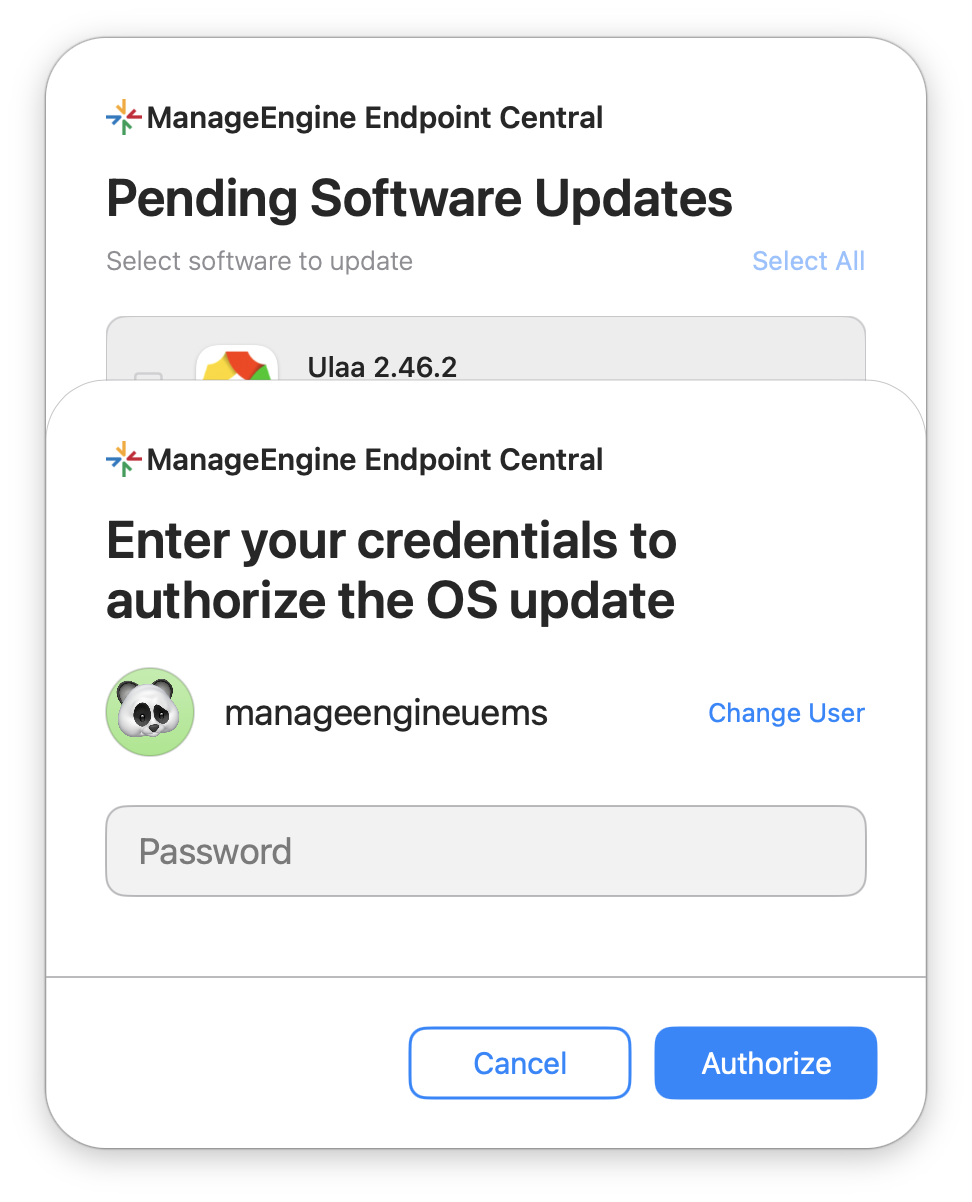 Password prompt requesting credentials to authorize an OS update on an Apple silicon Mac