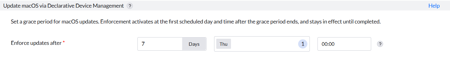 macOS deployment policy showing the DDM enforcement grace period, selected enforcement days, and activation time