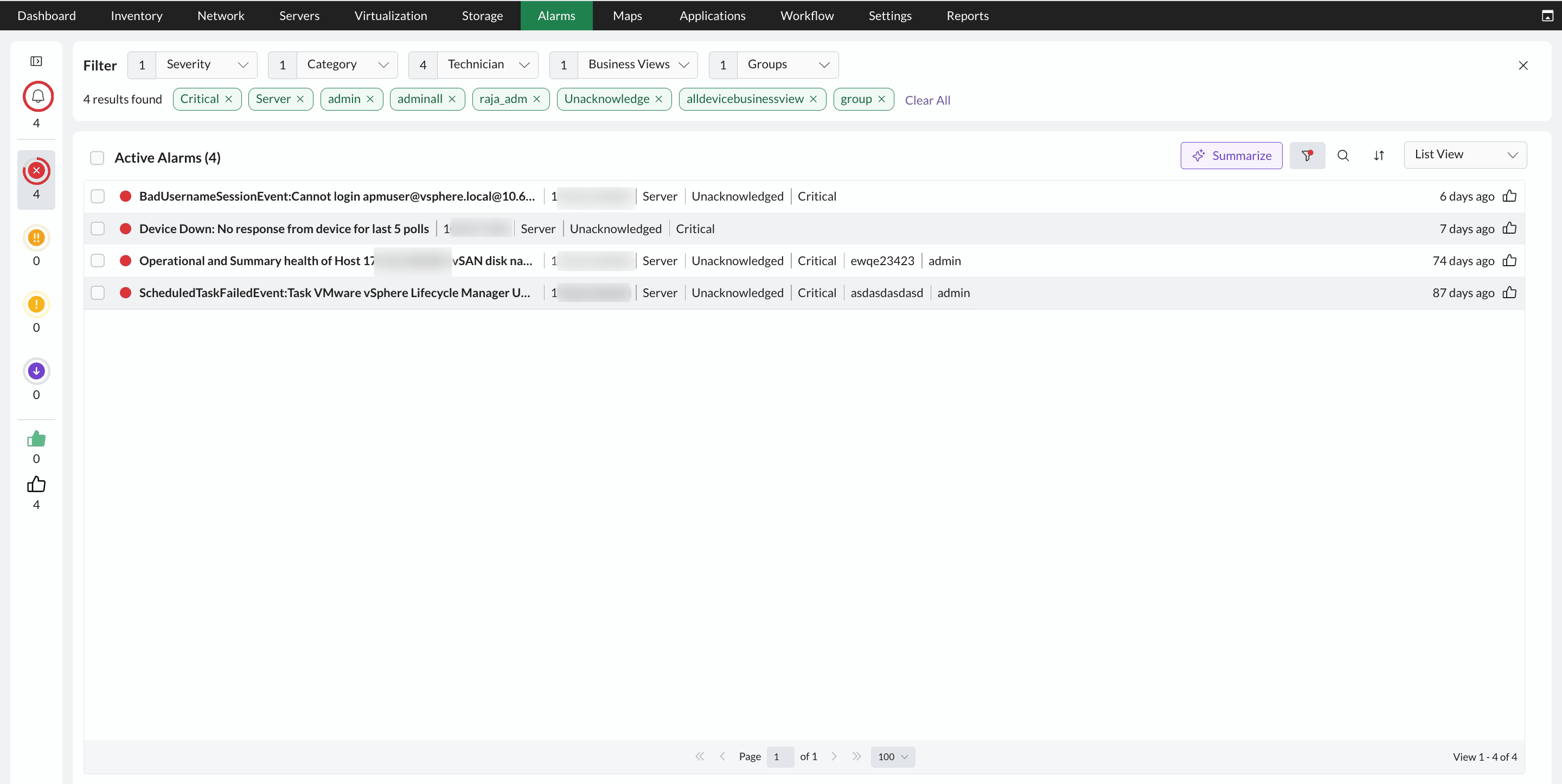 Add-on alarms in OpManager Screenshot of alarm filter in OpManager