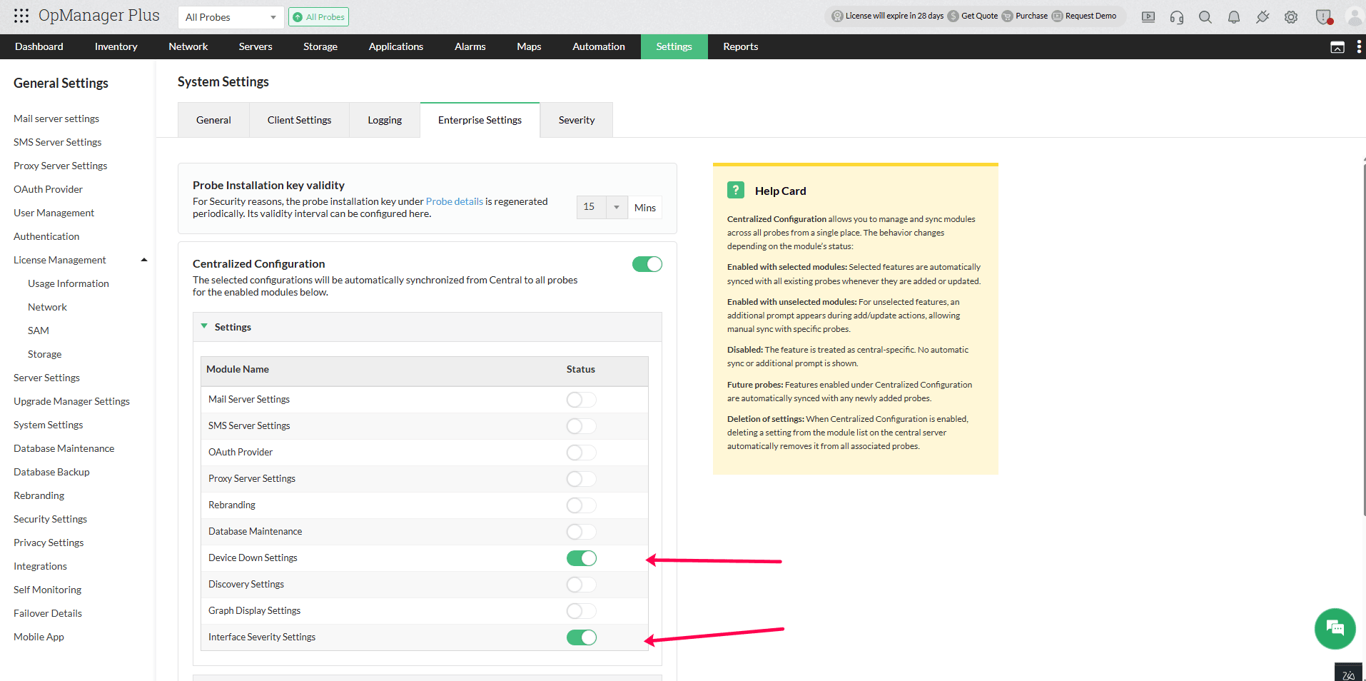 Optimised features in OpManager to monitor large scale networks: All probes system setting page