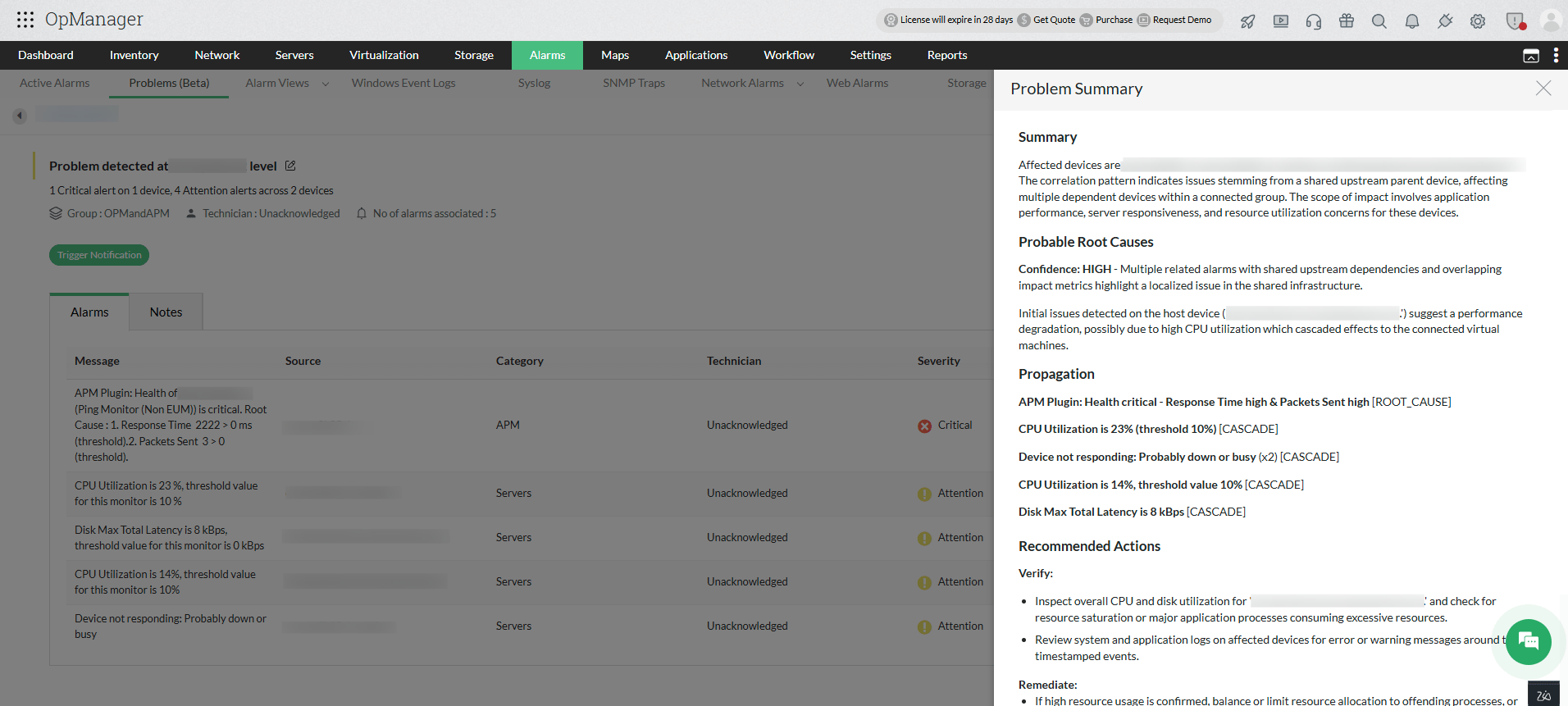 Sample Problem Summary by Ollama Integration in OpManager