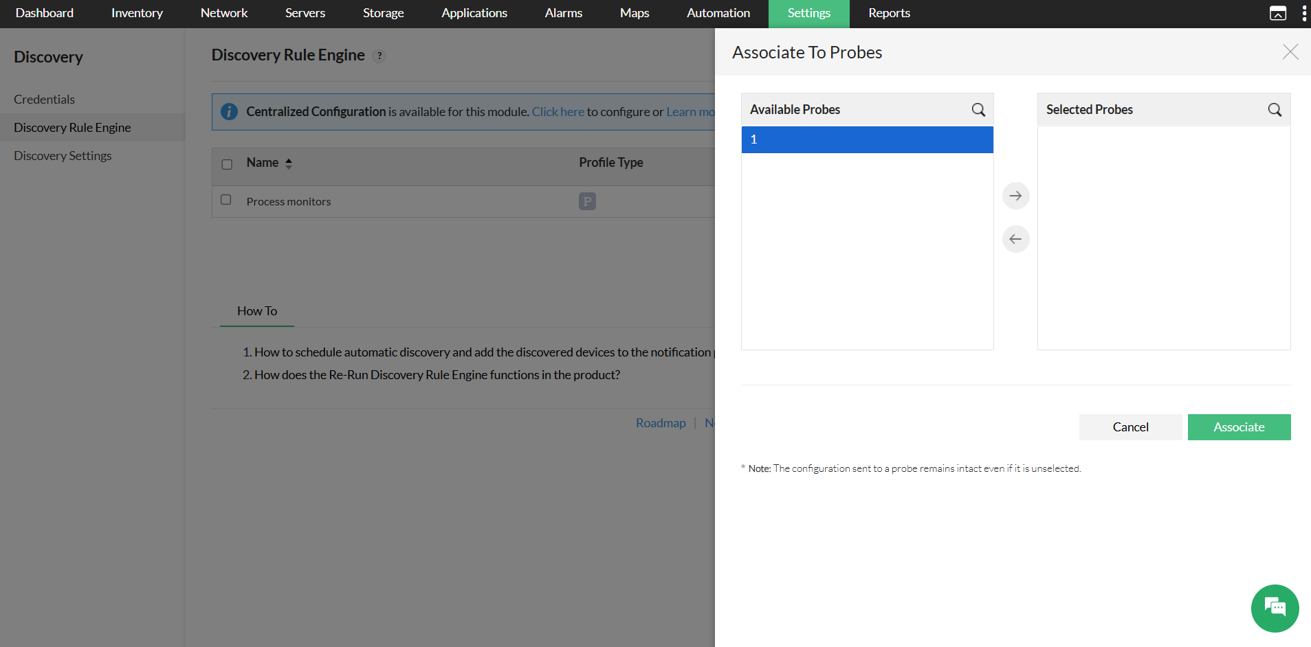 Discovery rule engine in OpManager: Associate To Probes panel