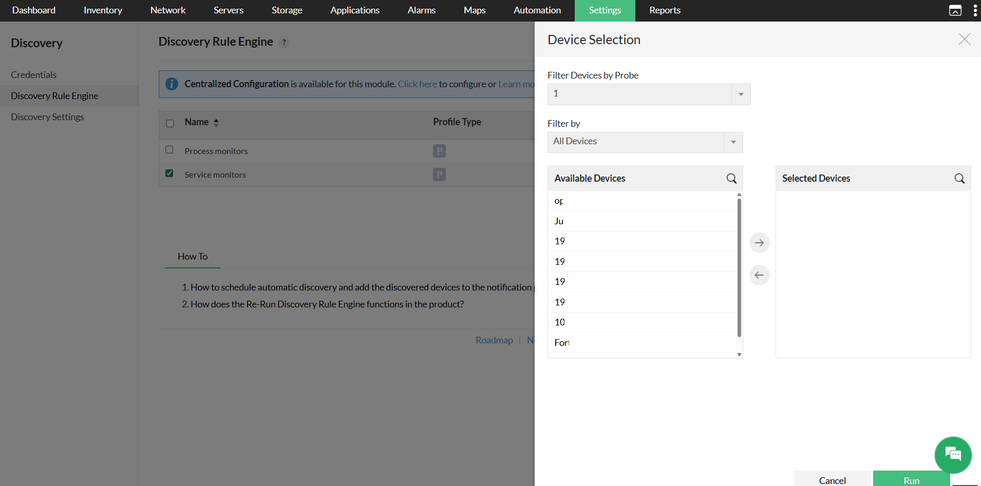 Discovery rule engine in OpManager: Device Selection panel for re-run