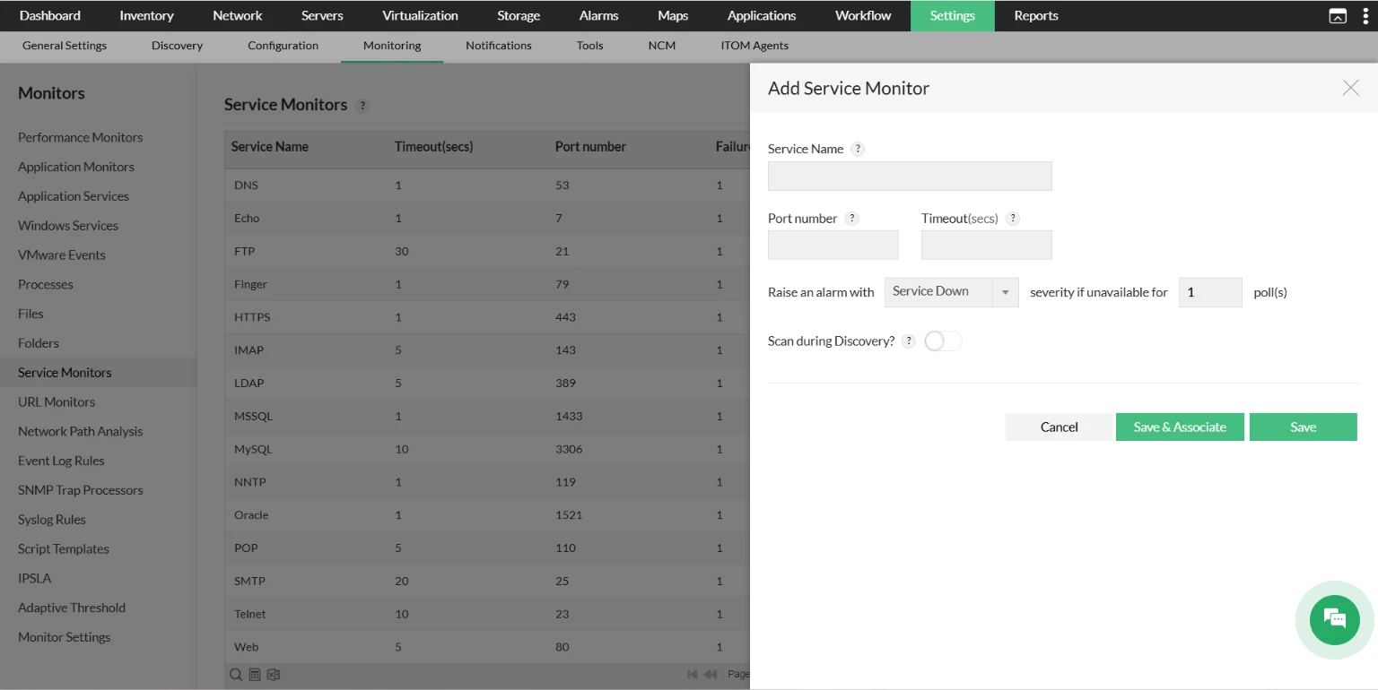 TCP services in OpManager: Add new TCP service monitor