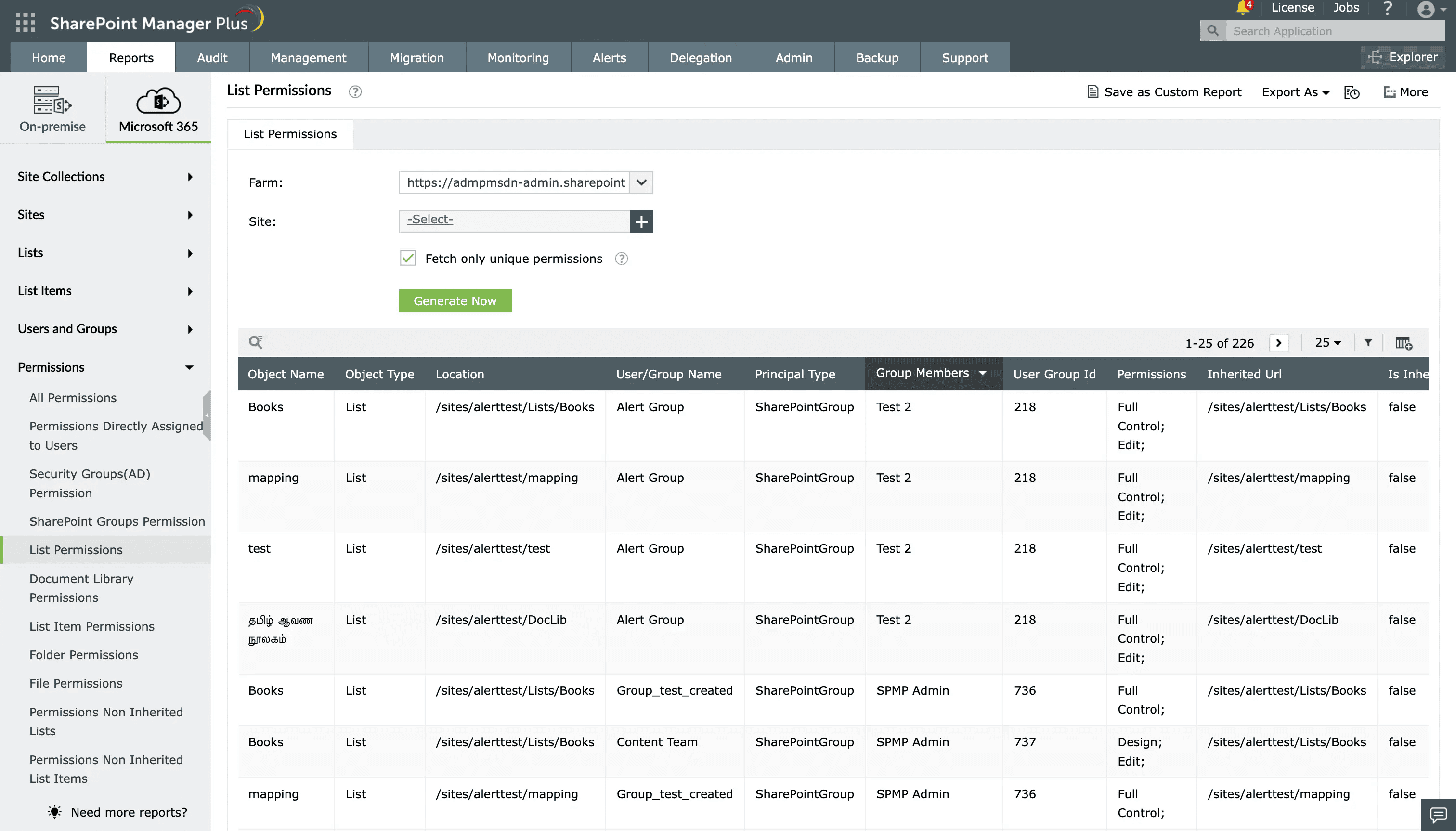 The List Permissions report generated in SharePoint Manager Plus