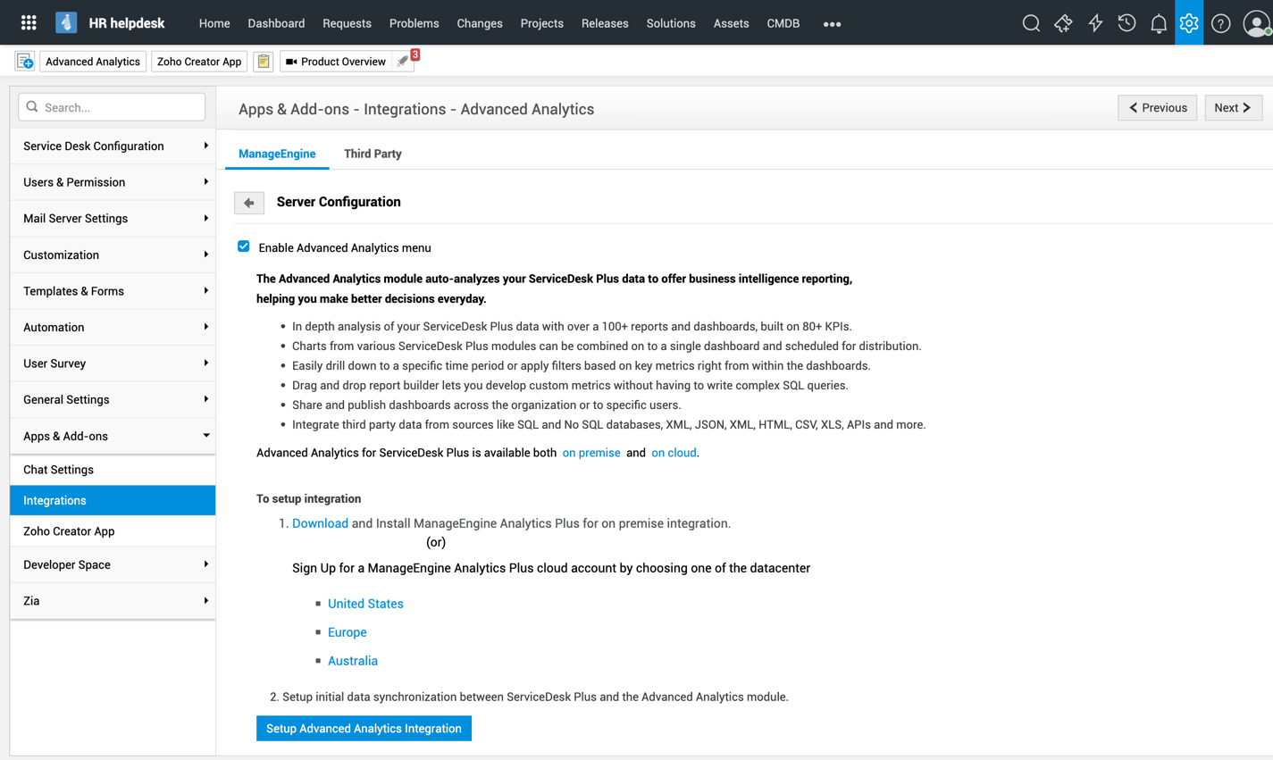 SDP - ManageEngine Analytics Plus / Analytics Plus Cloud Integración