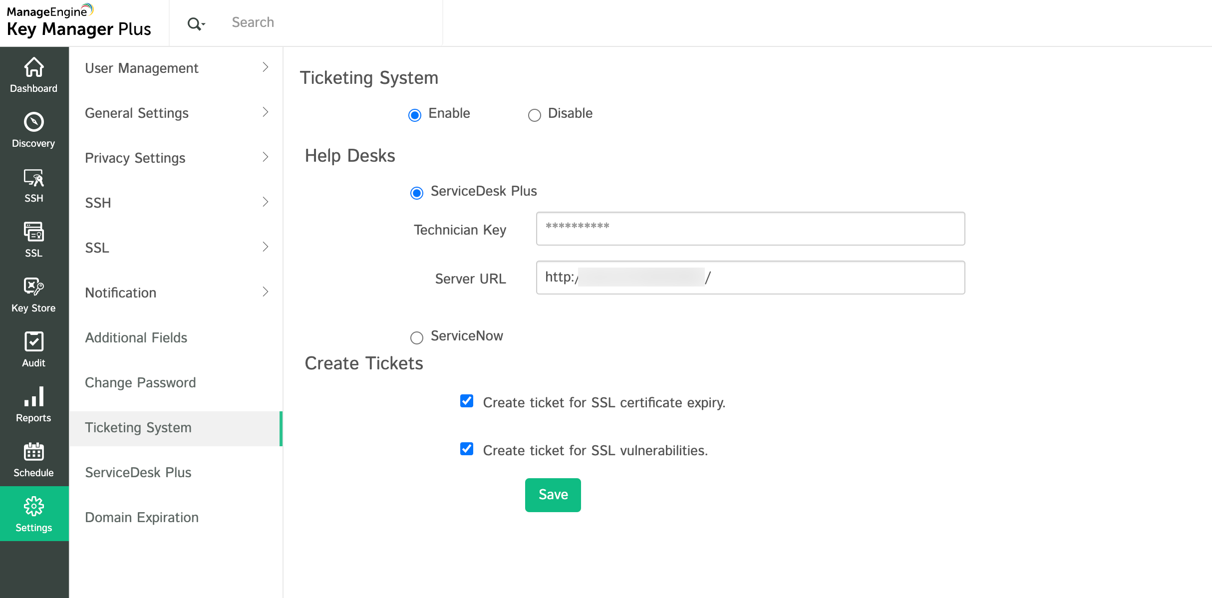 Integración de Key Manager Plus con ServiceDesk Plus