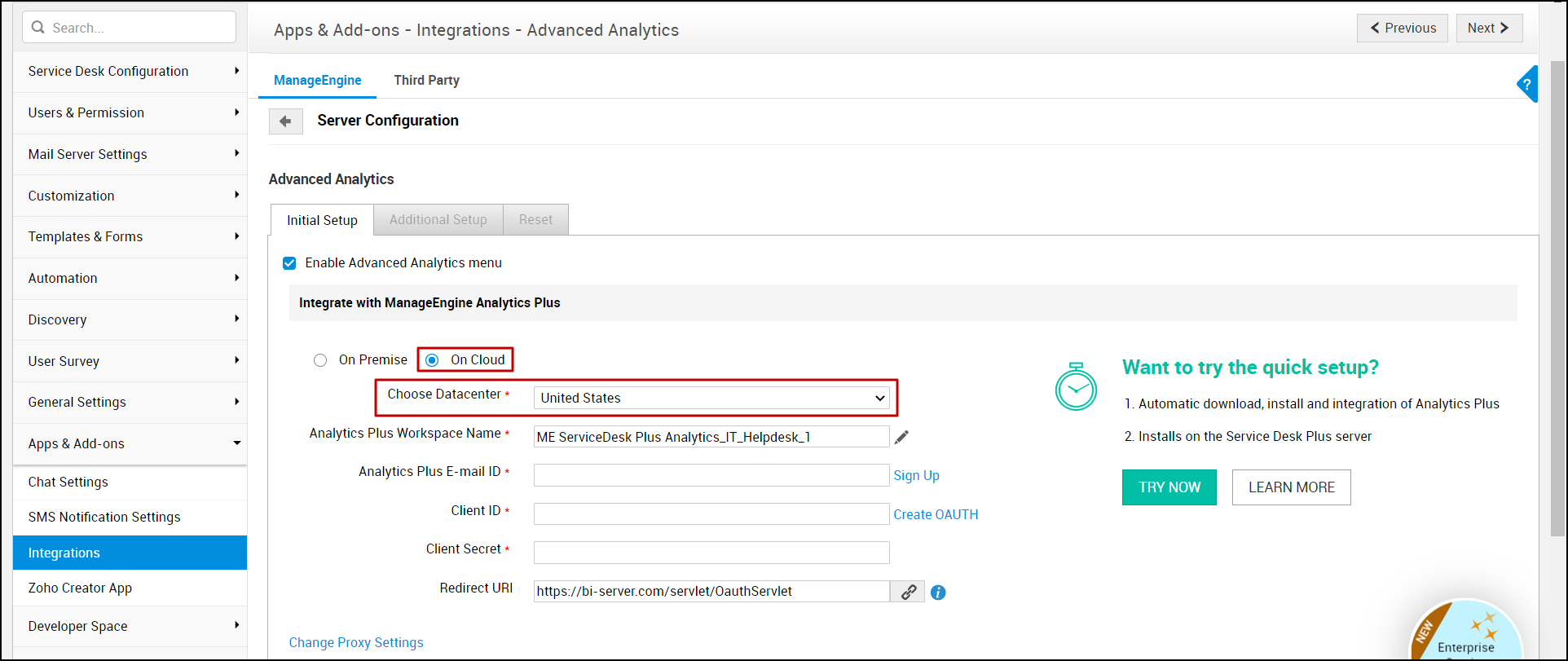 SDP - ManageEngine Analytics Plus / Analytics Plus Cloud Integración