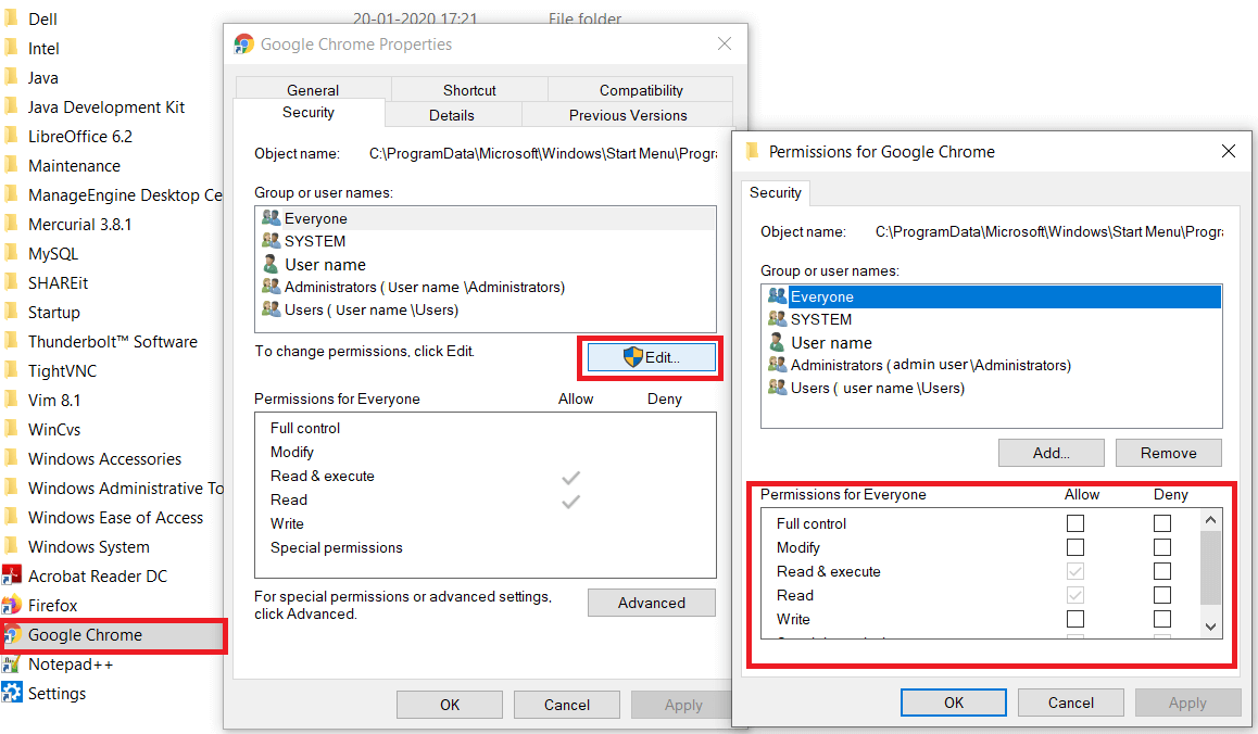 application user permissions under properties for Windows