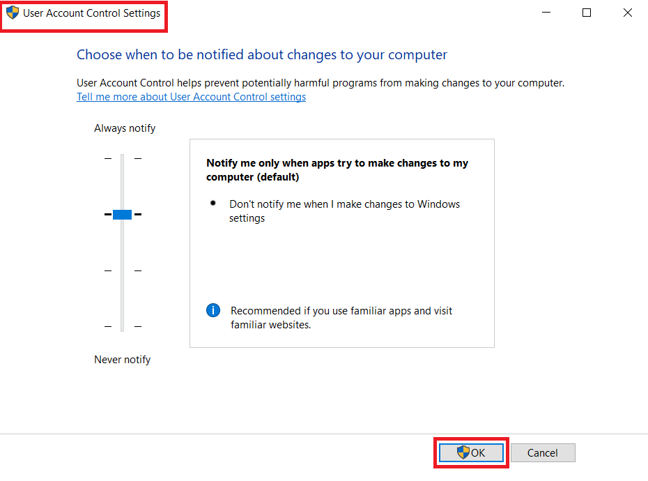 user account control settings in Windows