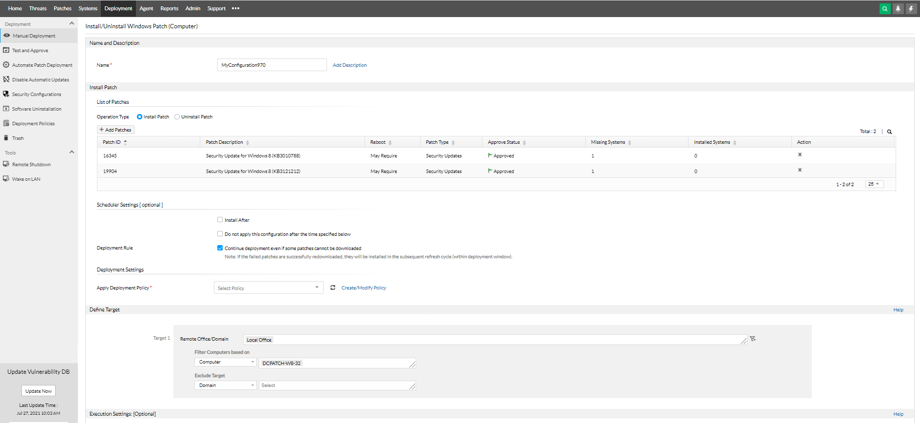 Dashboard de workflow de gestión de parches con Vulnerability Manager Plus