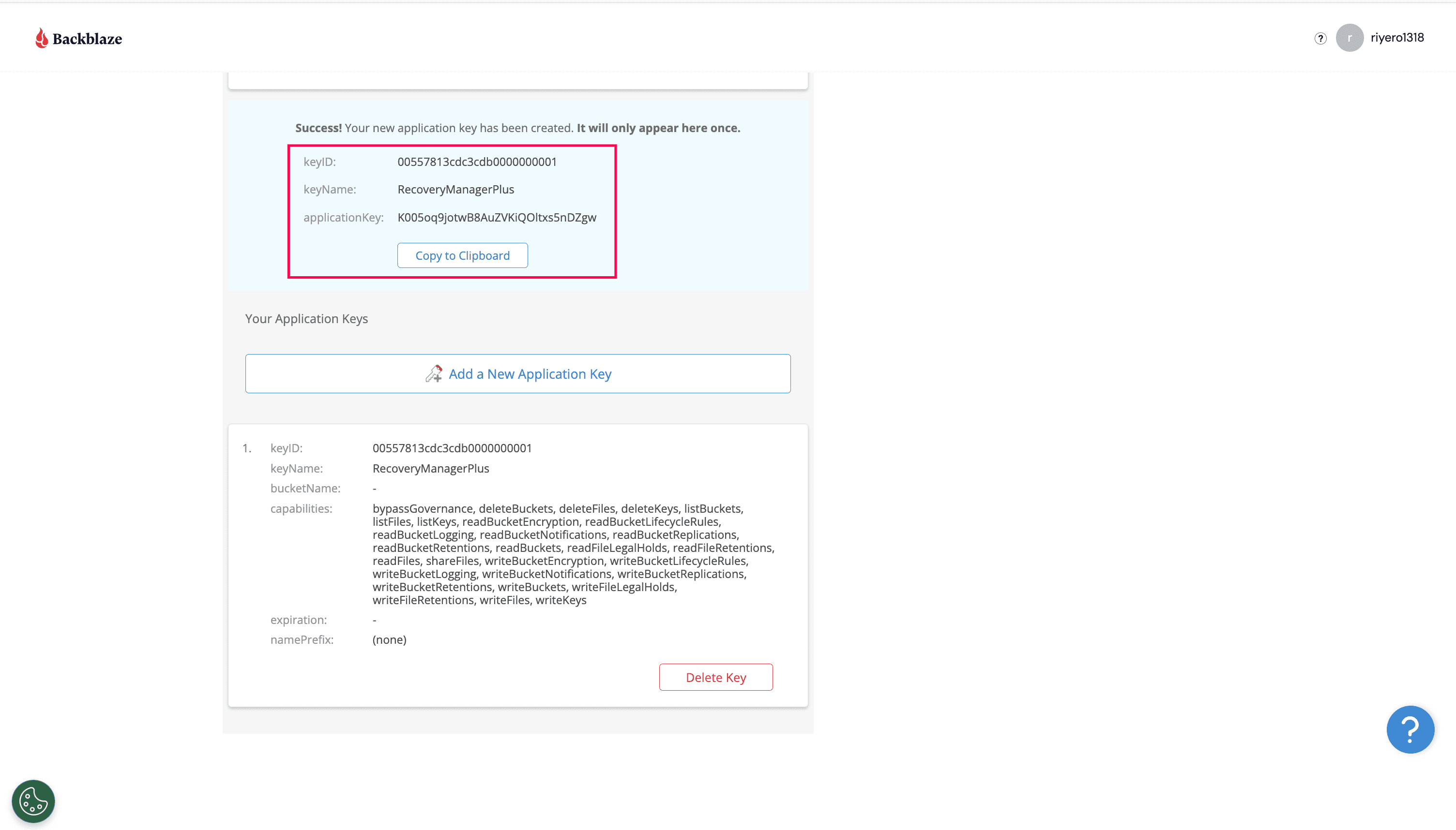 Backblaze access key details screen